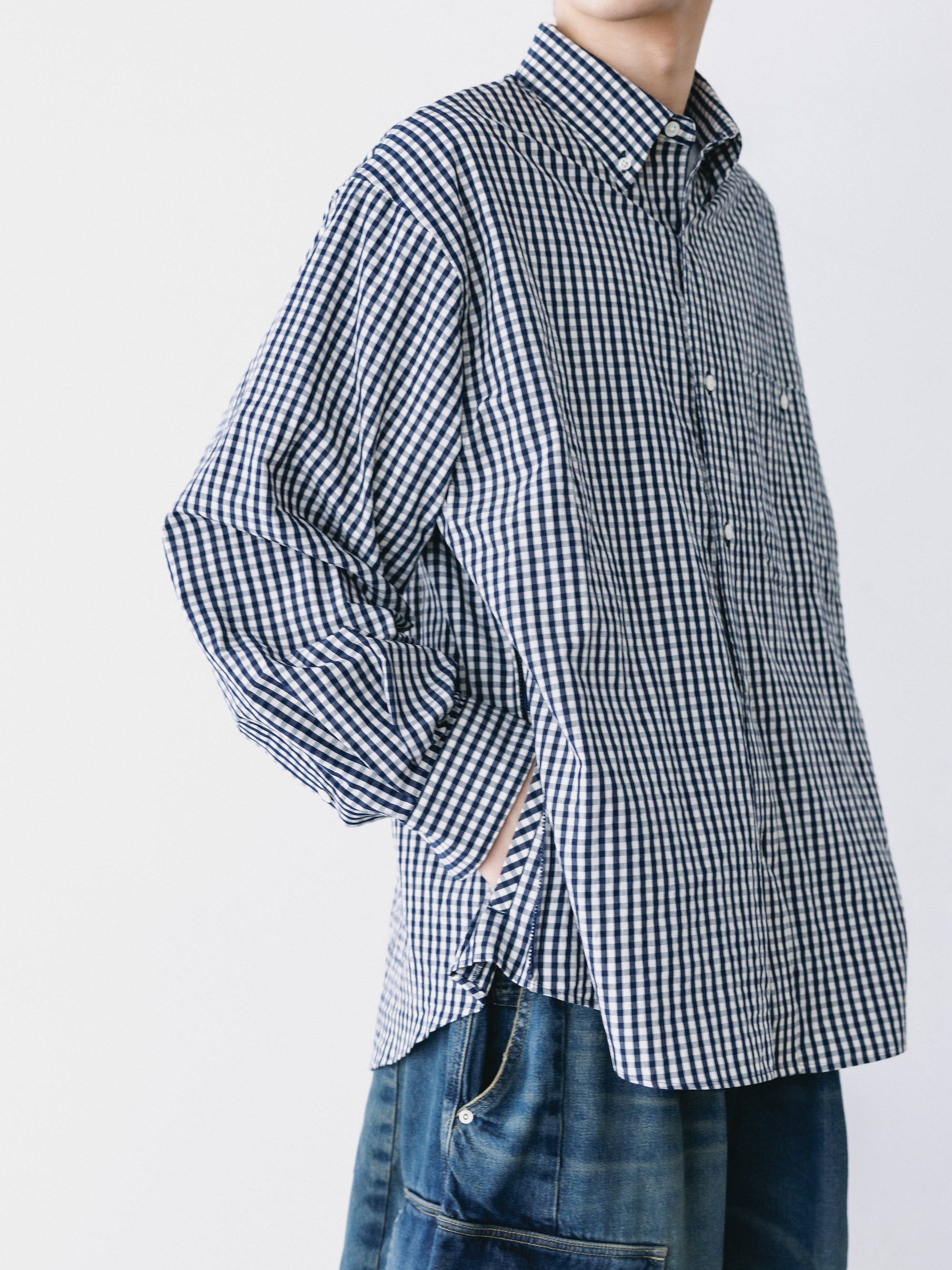 GINGHAM CHECK VENTILATION L/S B.D.SHIRT  (NAVY×ECRU)