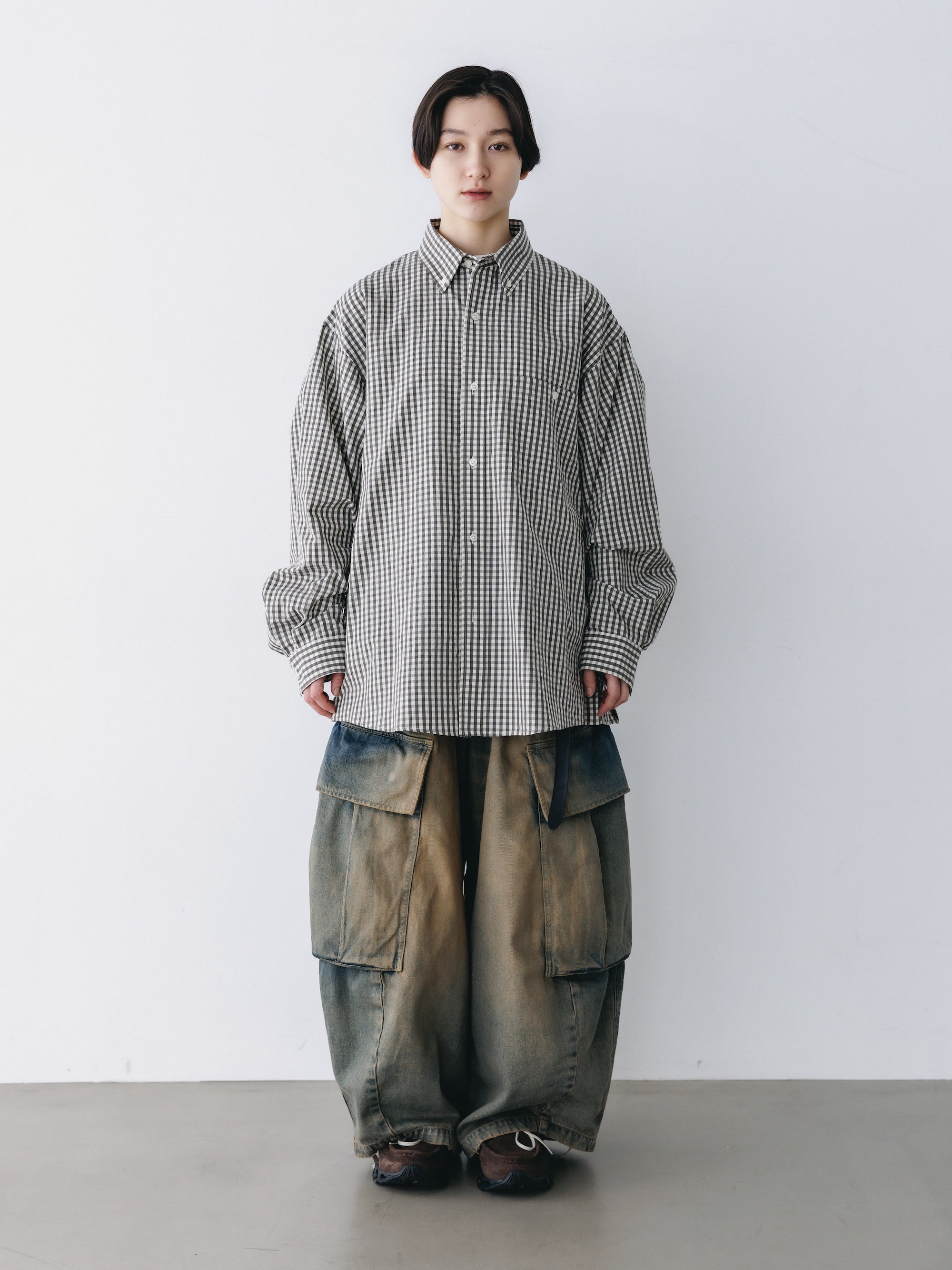 GINGHAM CHECK VENTILATION L/S B.D.SHIRT  (KHAKI×ECRU)