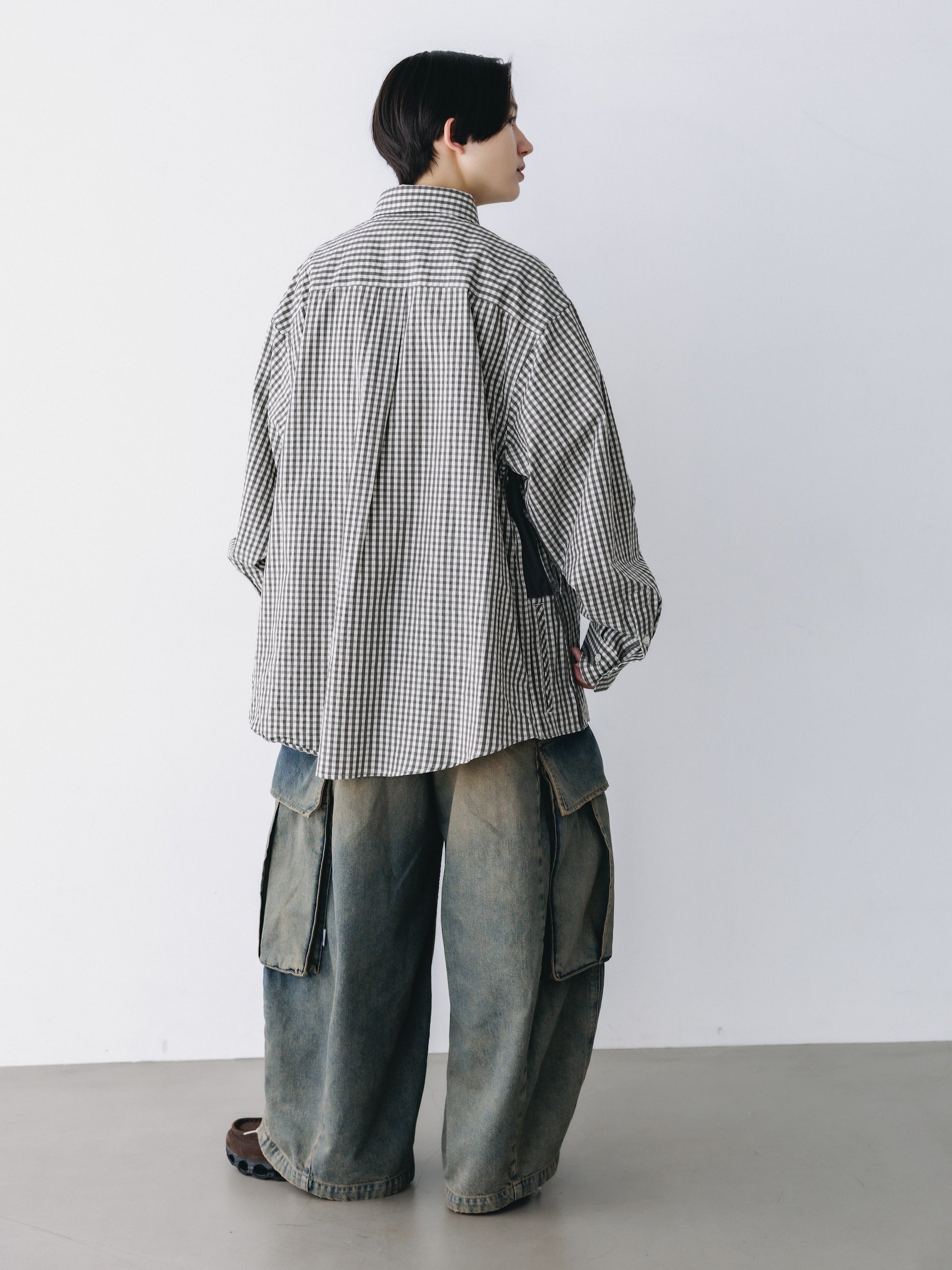 GINGHAM CHECK VENTILATION L/S B.D.SHIRT  (KHAKI×ECRU)