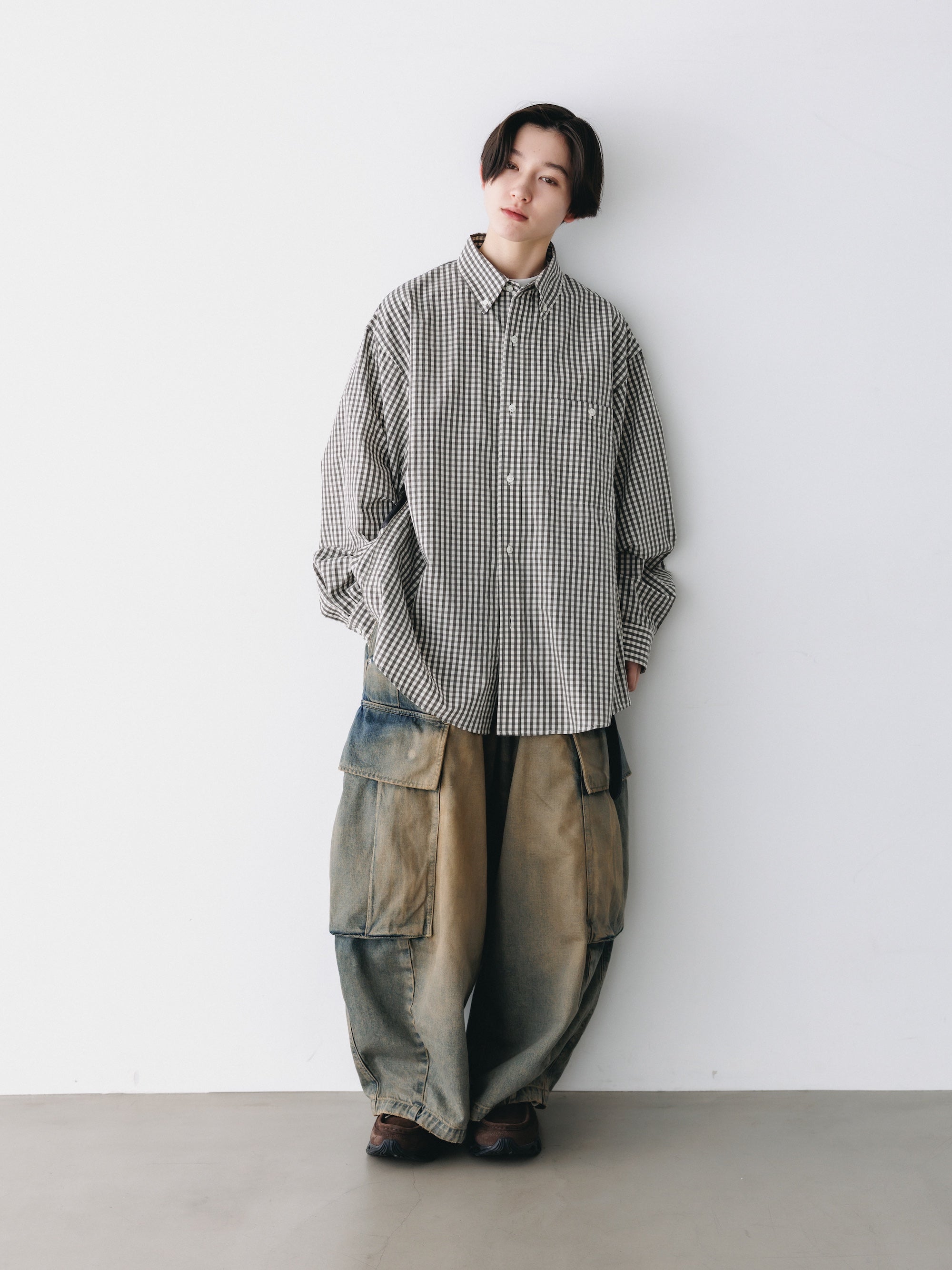 GINGHAM CHECK VENTILATION L/S B.D.SHIRT  (KHAKI×ECRU)