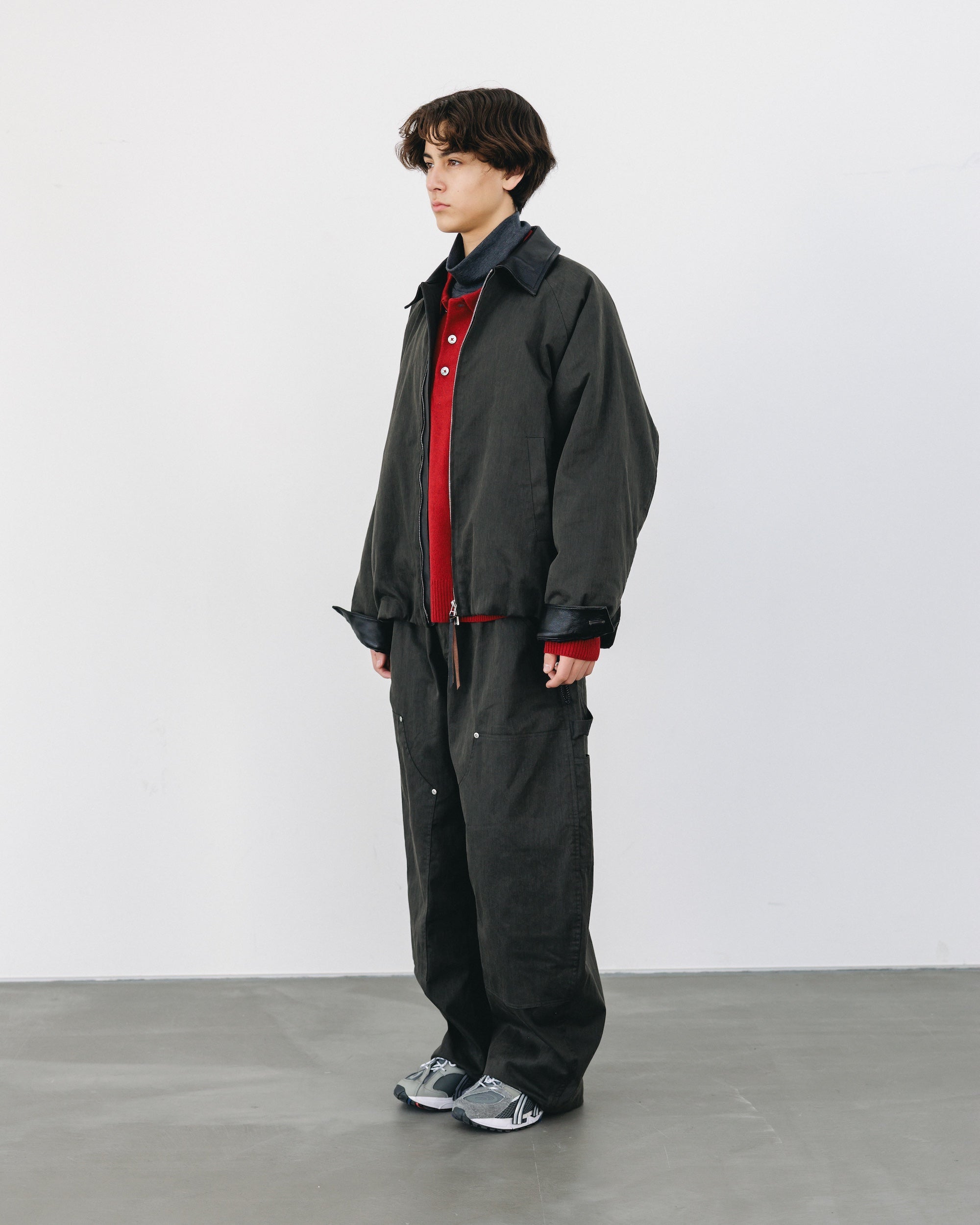 VINTAGE EFFECT DOUBLE KNEE CURVED WORKER PANTS (BLACK)