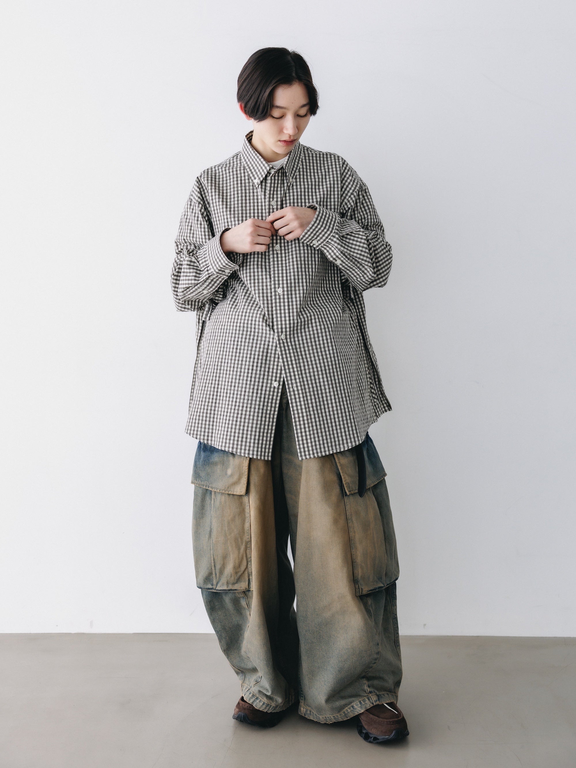 GINGHAM CHECK VENTILATION L/S B.D.SHIRT  (KHAKI×ECRU)