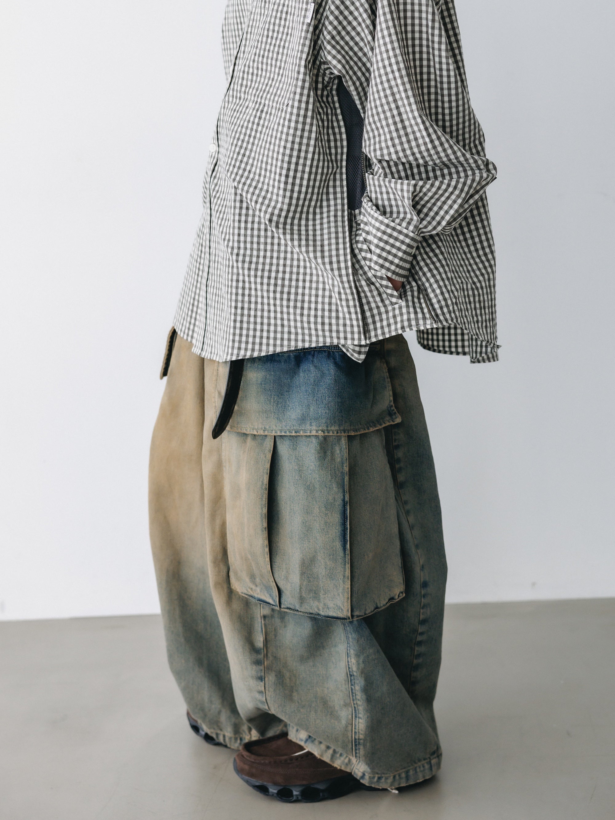 GINGHAM CHECK VENTILATION L/S B.D.SHIRT  (KHAKI×ECRU)
