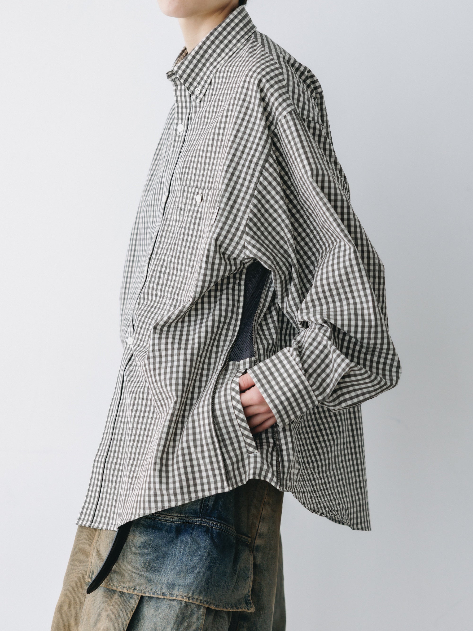 GINGHAM CHECK VENTILATION L/S B.D.SHIRT  (KHAKI×ECRU)