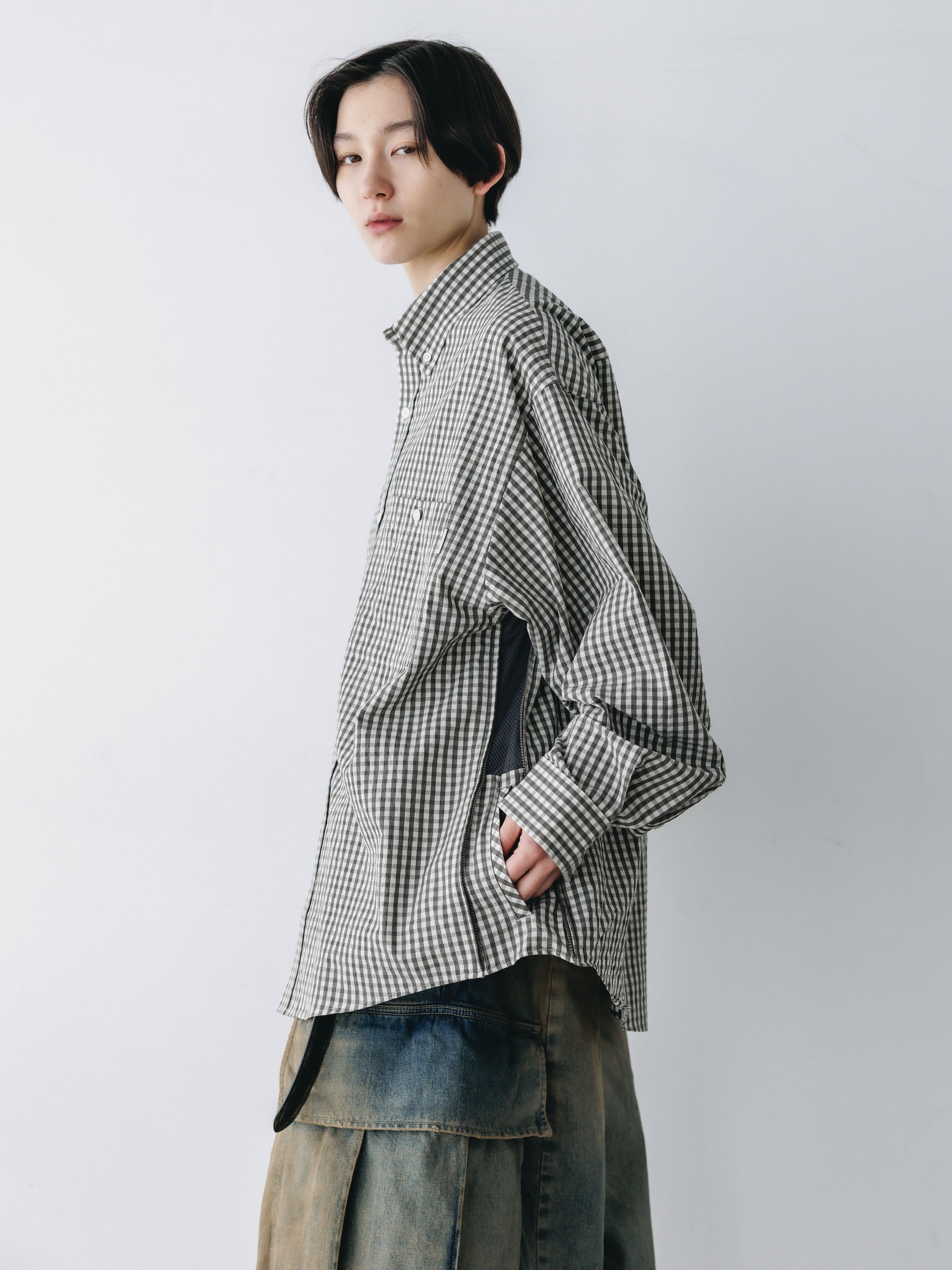 GINGHAM CHECK VENTILATION L/S B.D.SHIRT  (KHAKI×ECRU)