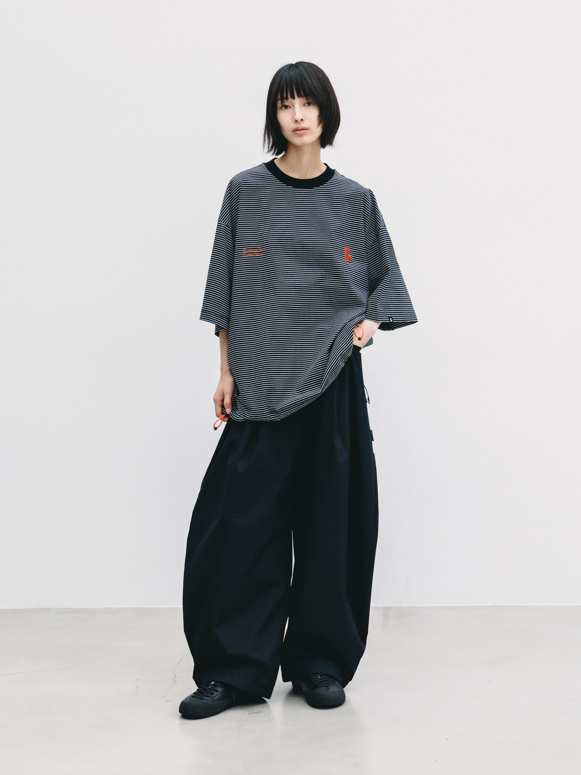 【6.13 SAT 20:00- IN STOCK】"C×CONCEPT" STRIPED S/S T-SHIRT WITH DRAWSTRINGS (BLACK×WHITE)