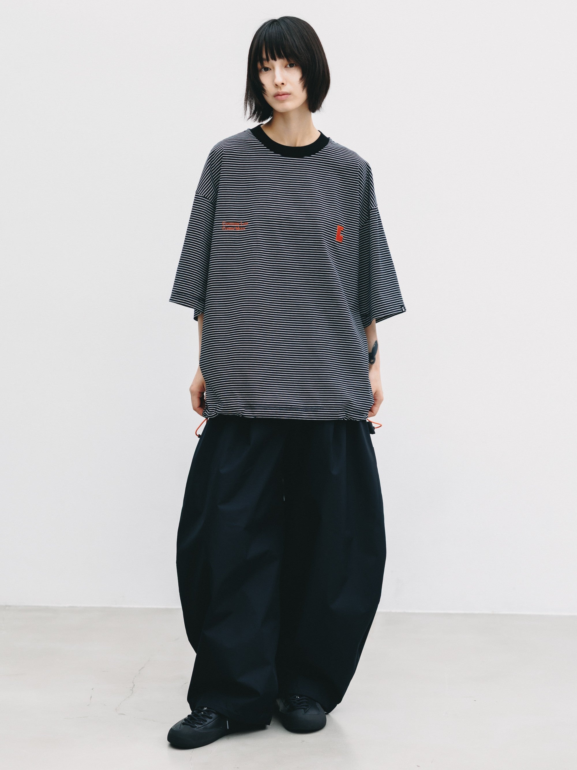 【6.13 SAT 20:00- IN STOCK】"C×CONCEPT" STRIPED S/S T-SHIRT WITH DRAWSTRINGS (BLACK×WHITE)