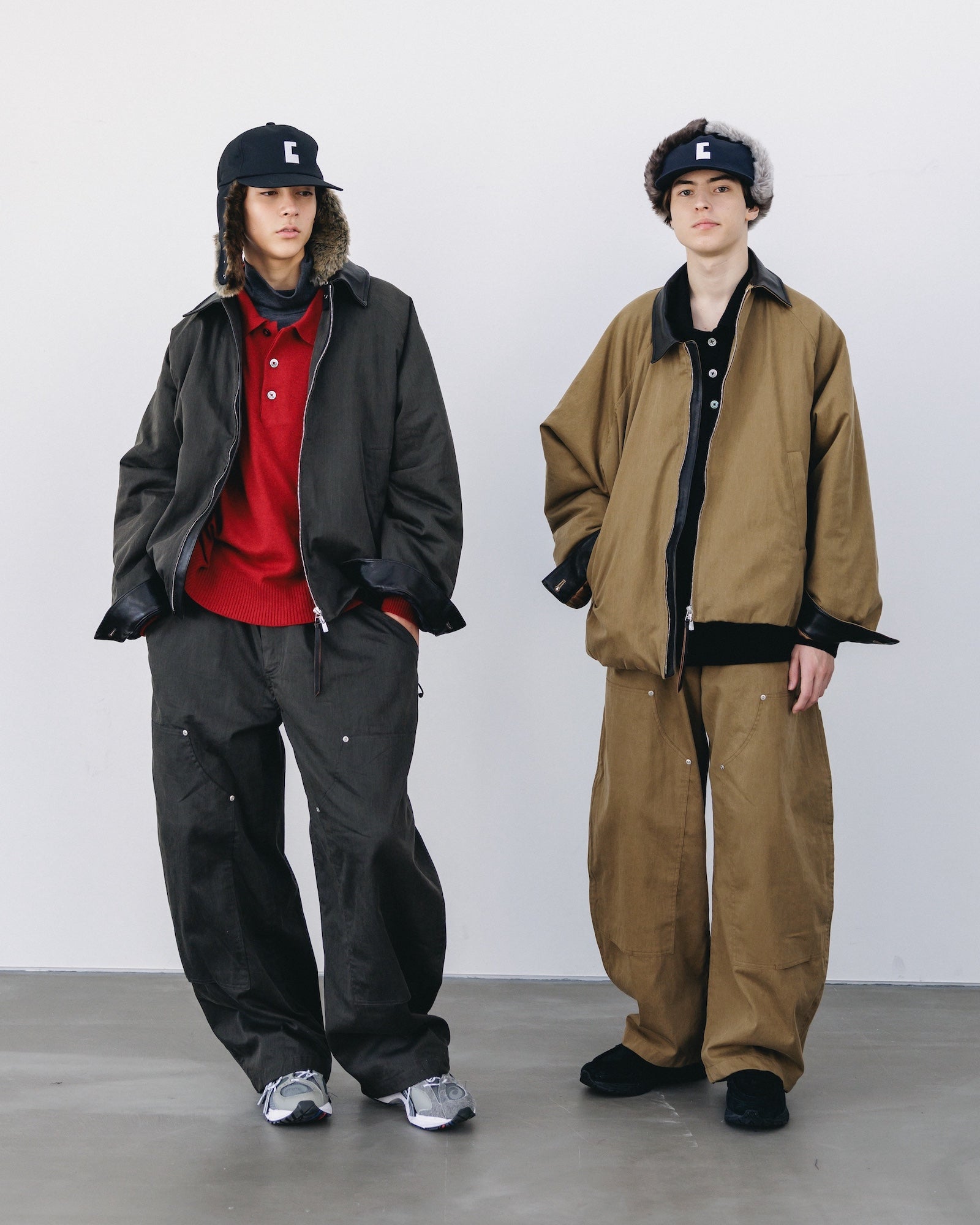 VINTAGE EFFECT DOUBLE KNEE CURVED WORKER PANTS (BLACK)