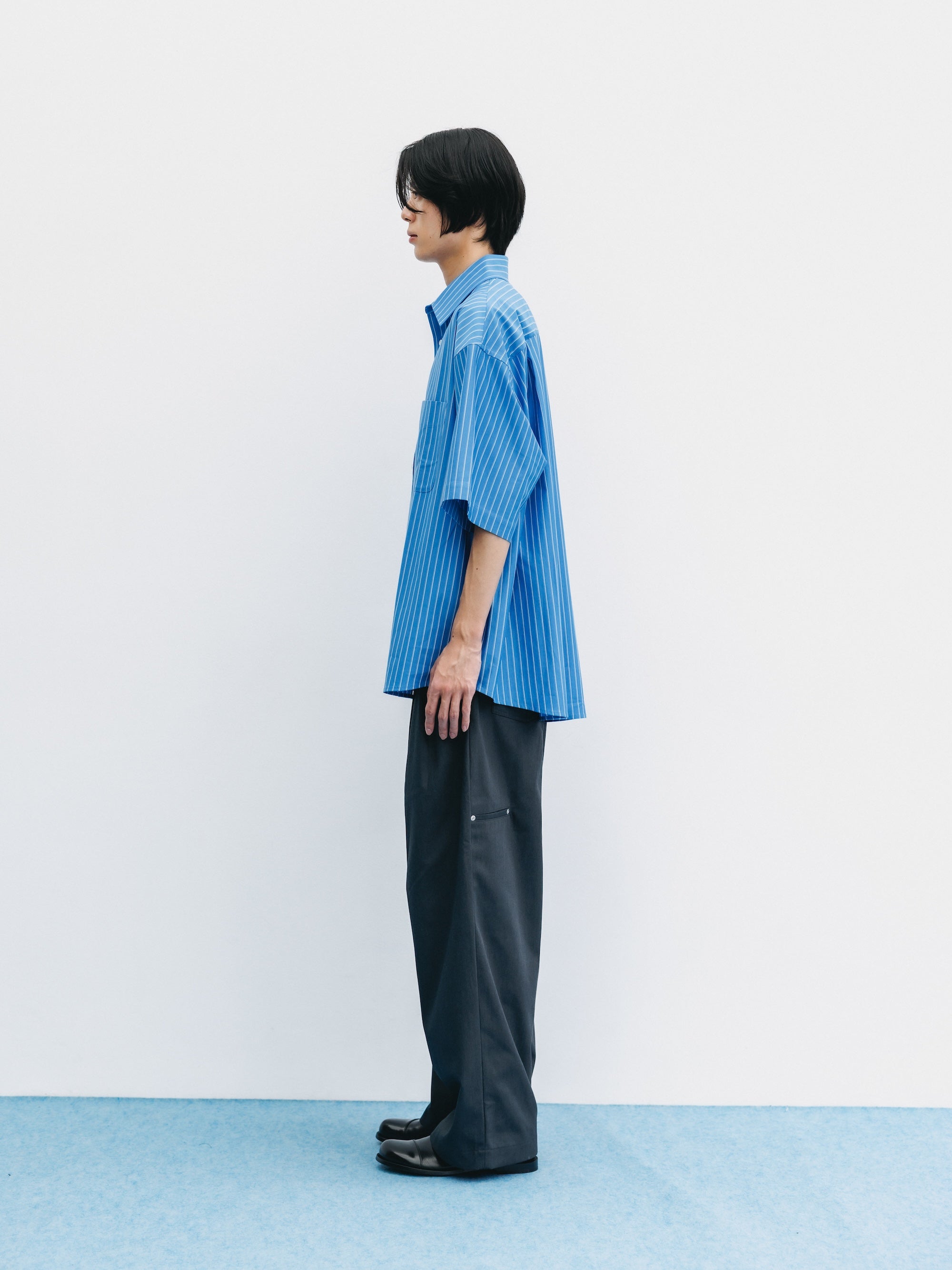 【8.5 WED 20:00- IN STOCK】THICK/THIN STRIPE 46G KNIT EVERYDAY S/S SHIRT (SAX BLUE STRIPE)