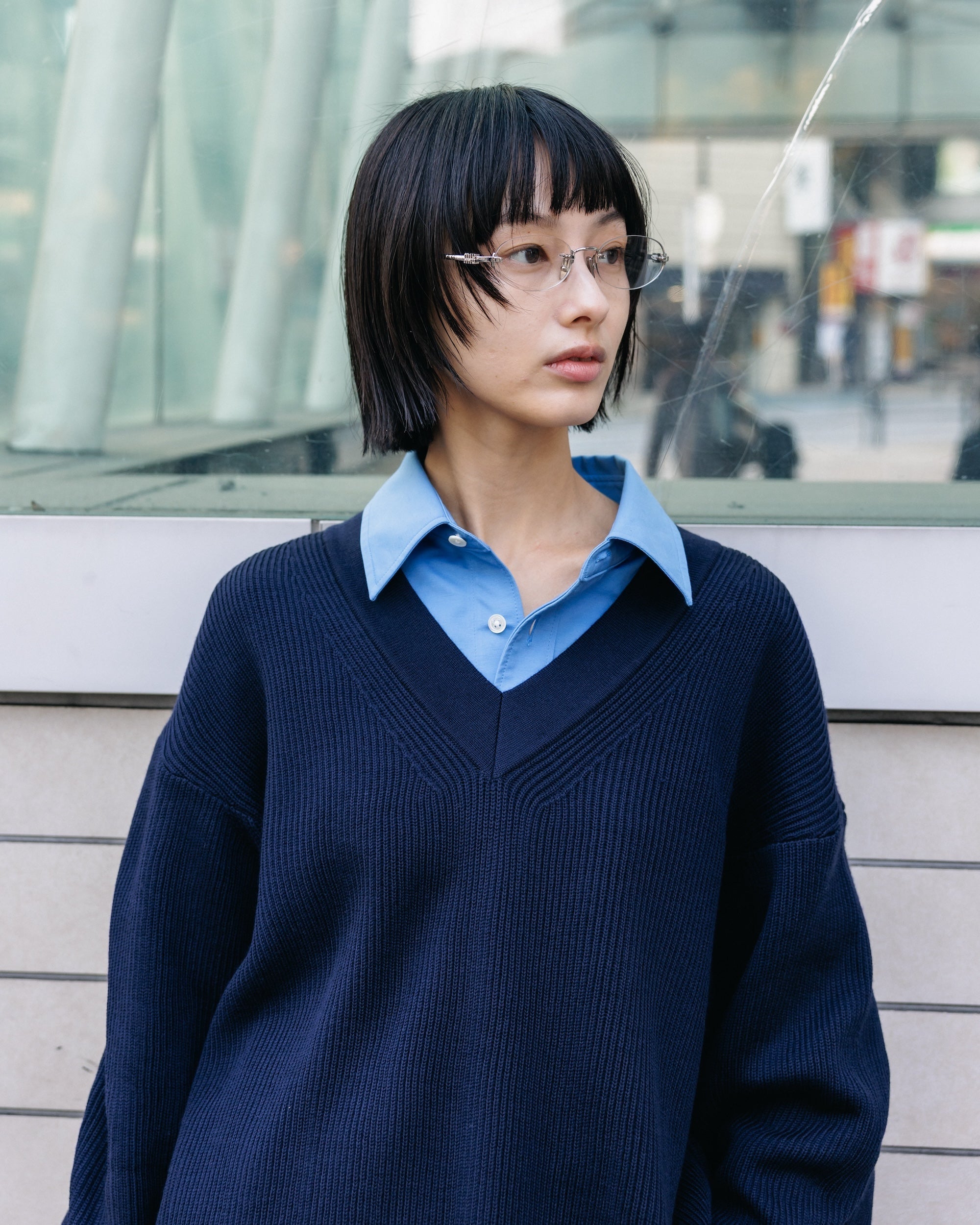 FINE WOOL V-NECK KNIT PULLOVER (NAVY)