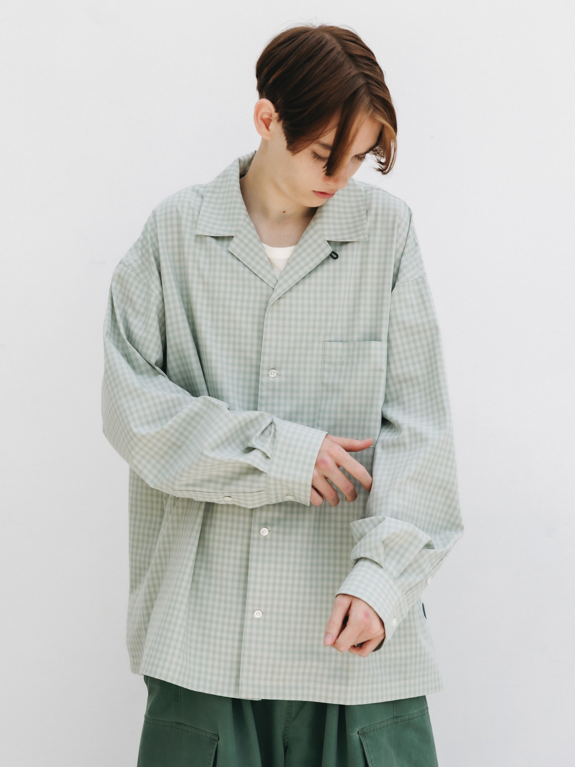 【5.20 WED 20:00- IN STOCK】OMBRE CHECK OPEN COLLAR L/S SHIRT (LIGHT MINI GREEN)