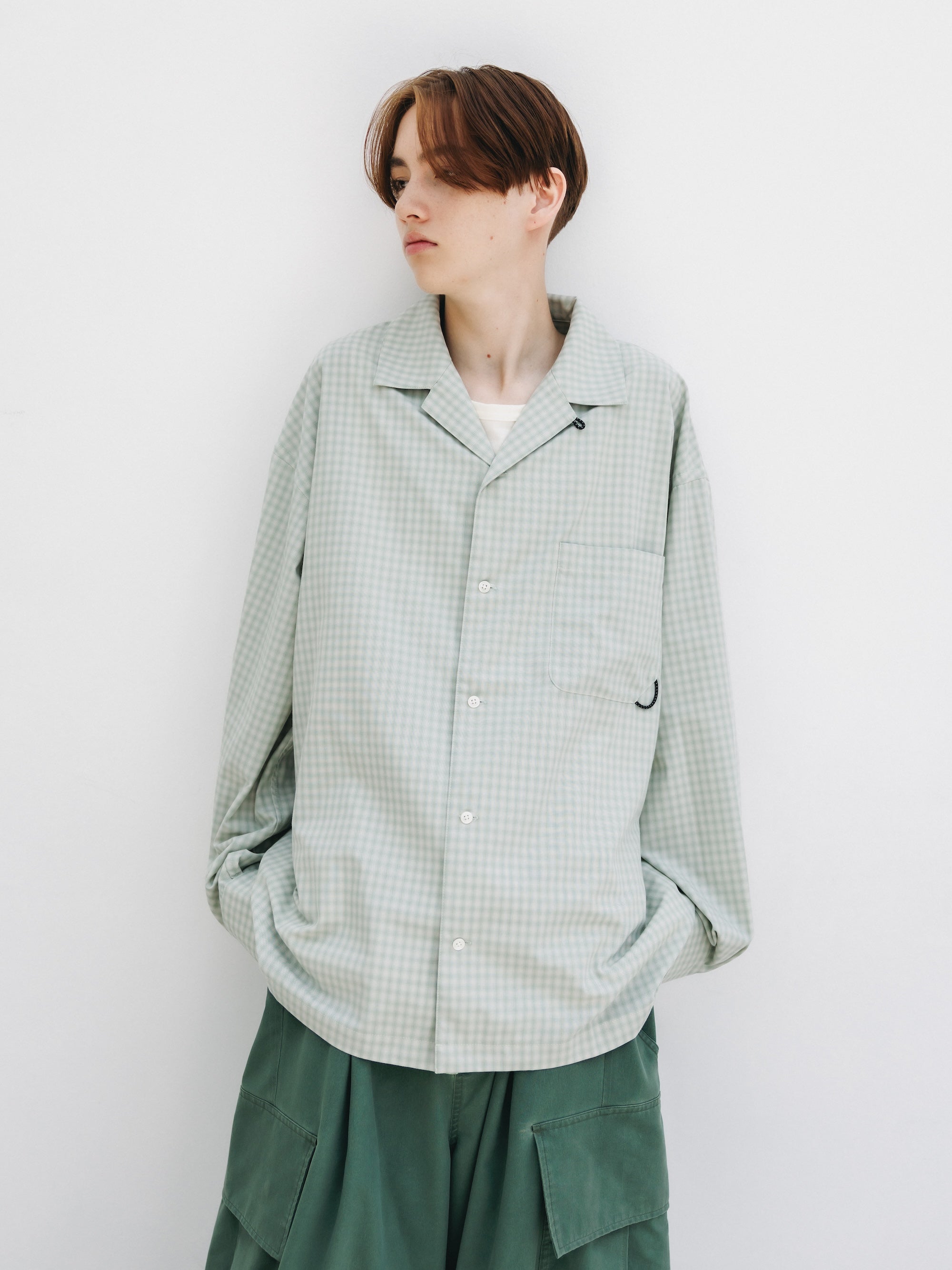 【5.20 WED 20:00- IN STOCK】OMBRE CHECK OPEN COLLAR L/S SHIRT (LIGHT MINI GREEN)