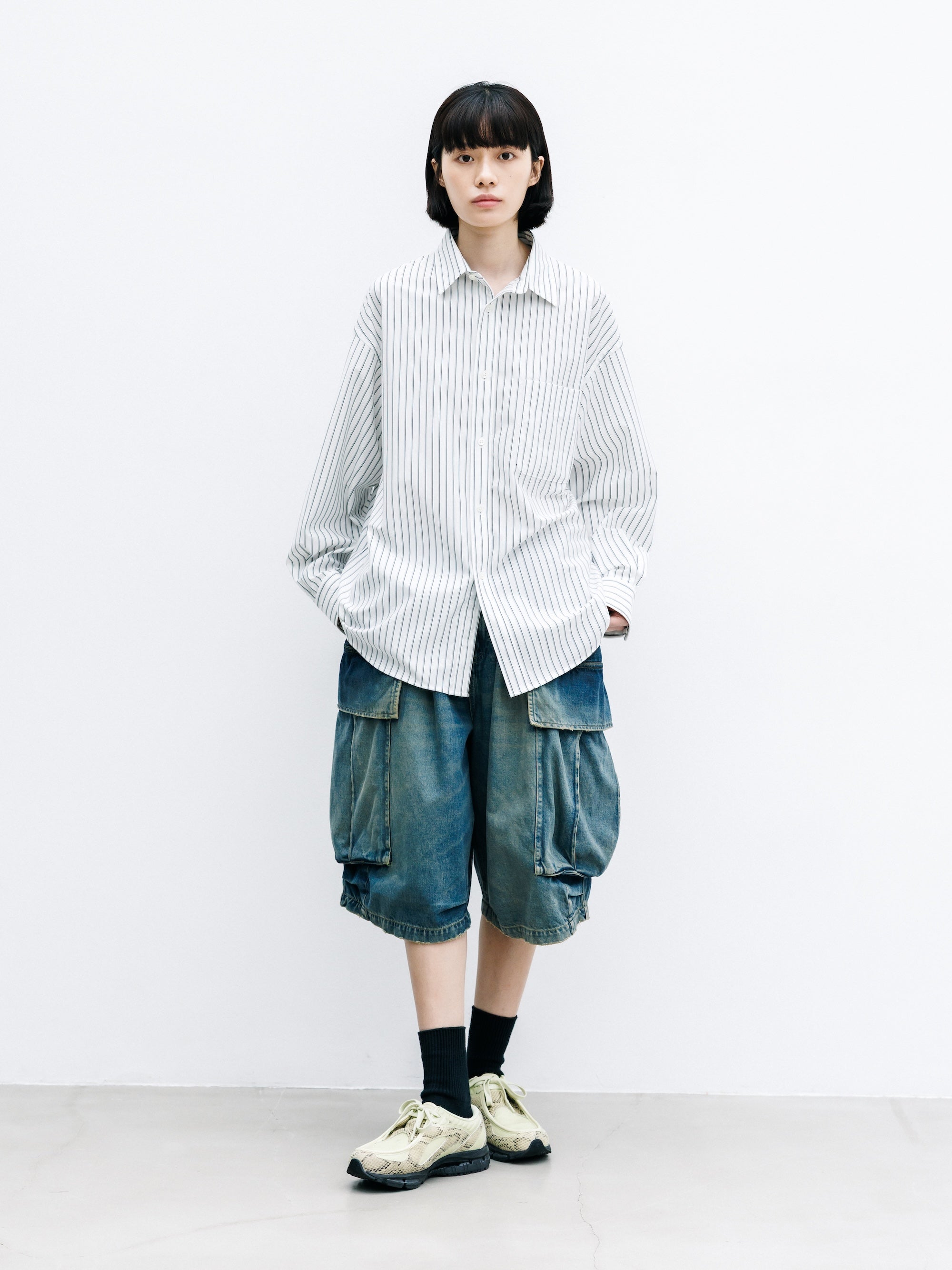 【8.1 SAT 20:00- IN STOCK】 VINTAGE DYED SELVEDGE DENIM CITY MEGA POCKET BALLOON CARGO HALF PANTS (VINTAGE INDIGO)