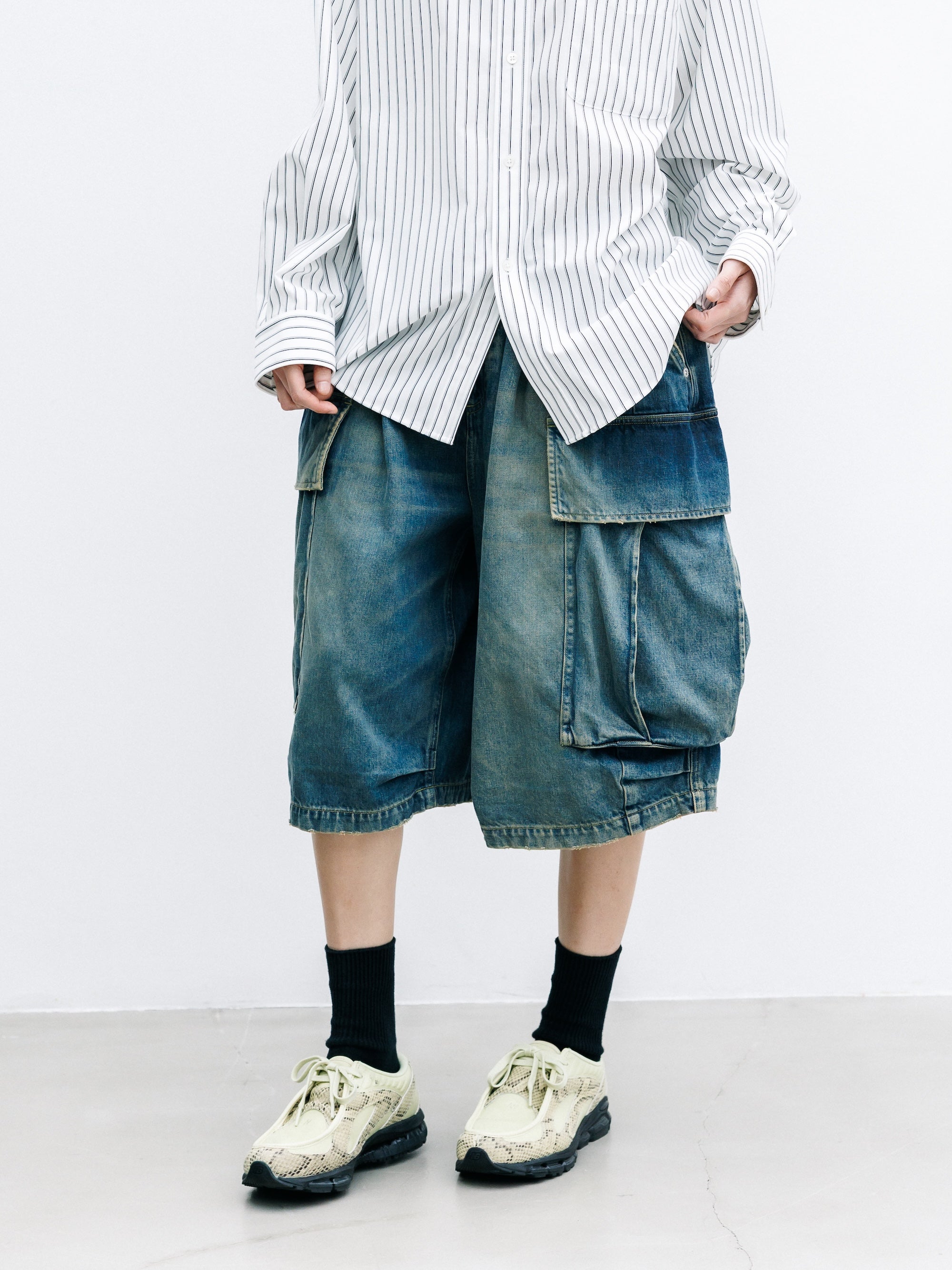 VINTAGE DYED SELVEDGE DENIM CITY MEGA POCKET BALLOON CARGO HALF PANTS