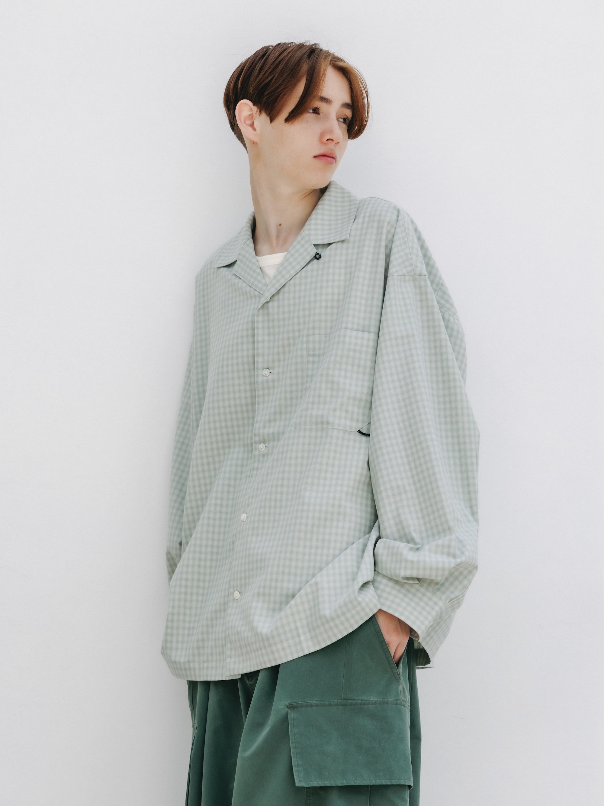 【5.20 WED 20:00- IN STOCK】OMBRE CHECK OPEN COLLAR L/S SHIRT (LIGHT MINI GREEN)