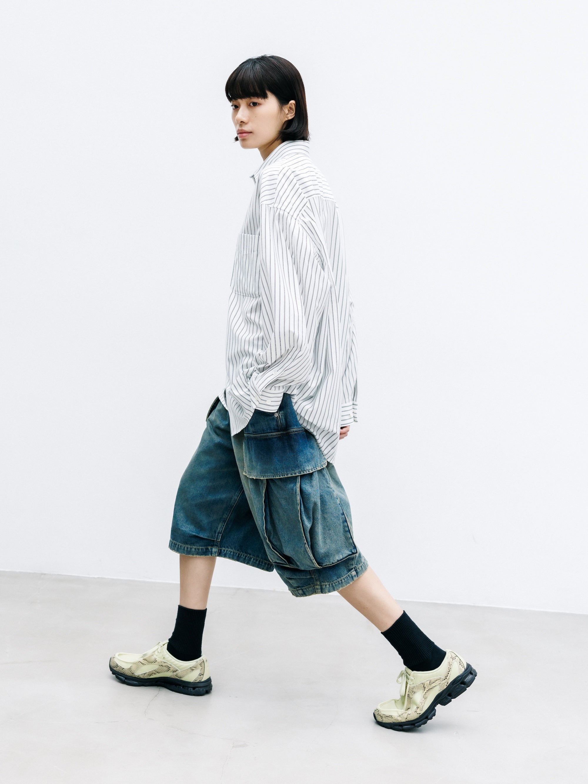 【8.1 SAT 20:00- IN STOCK】 VINTAGE DYED SELVEDGE DENIM CITY MEGA POCKET BALLOON CARGO HALF PANTS (VINTAGE INDIGO)