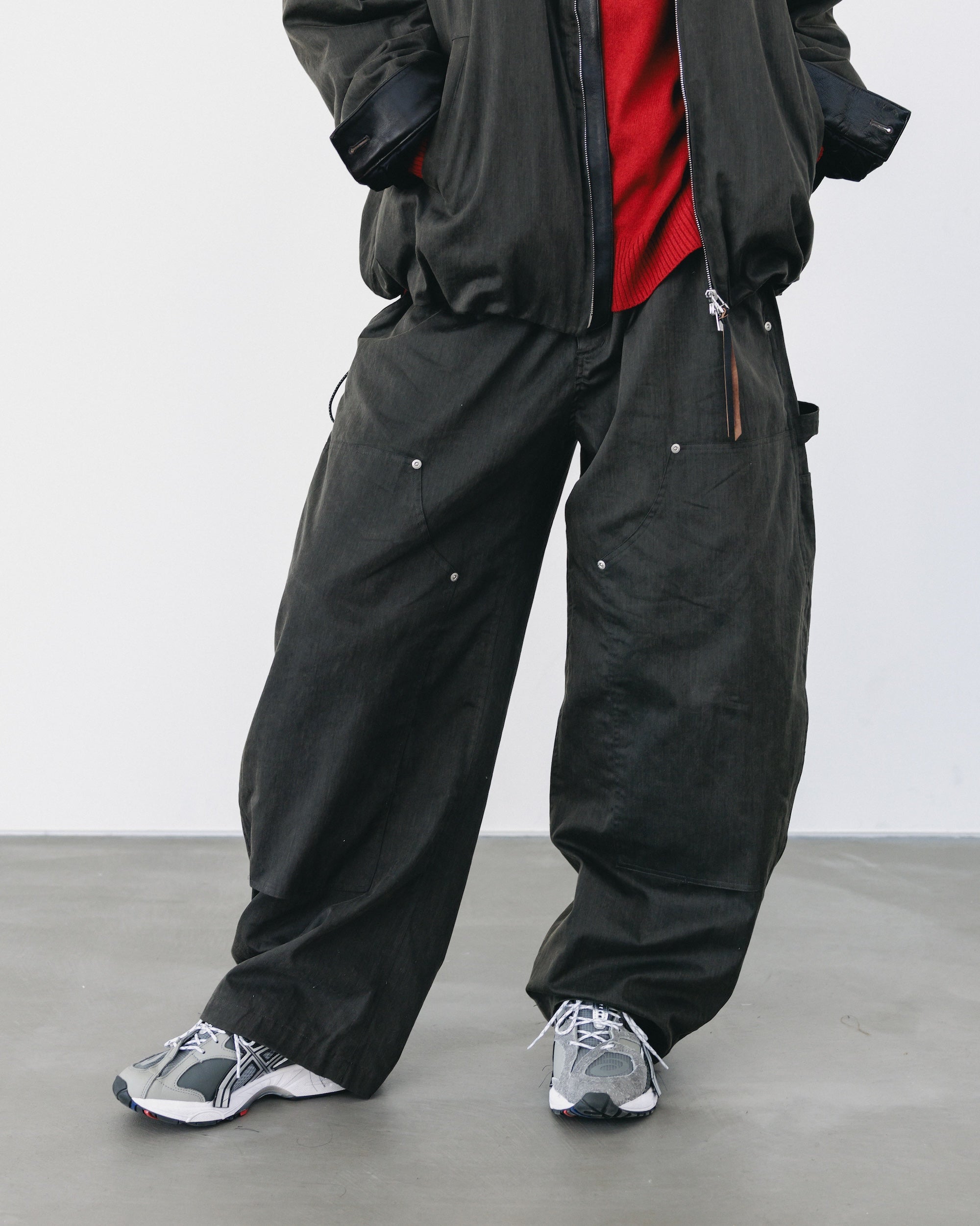 VINTAGE EFFECT DOUBLE KNEE CURVED WORKER PANTS (BLACK)