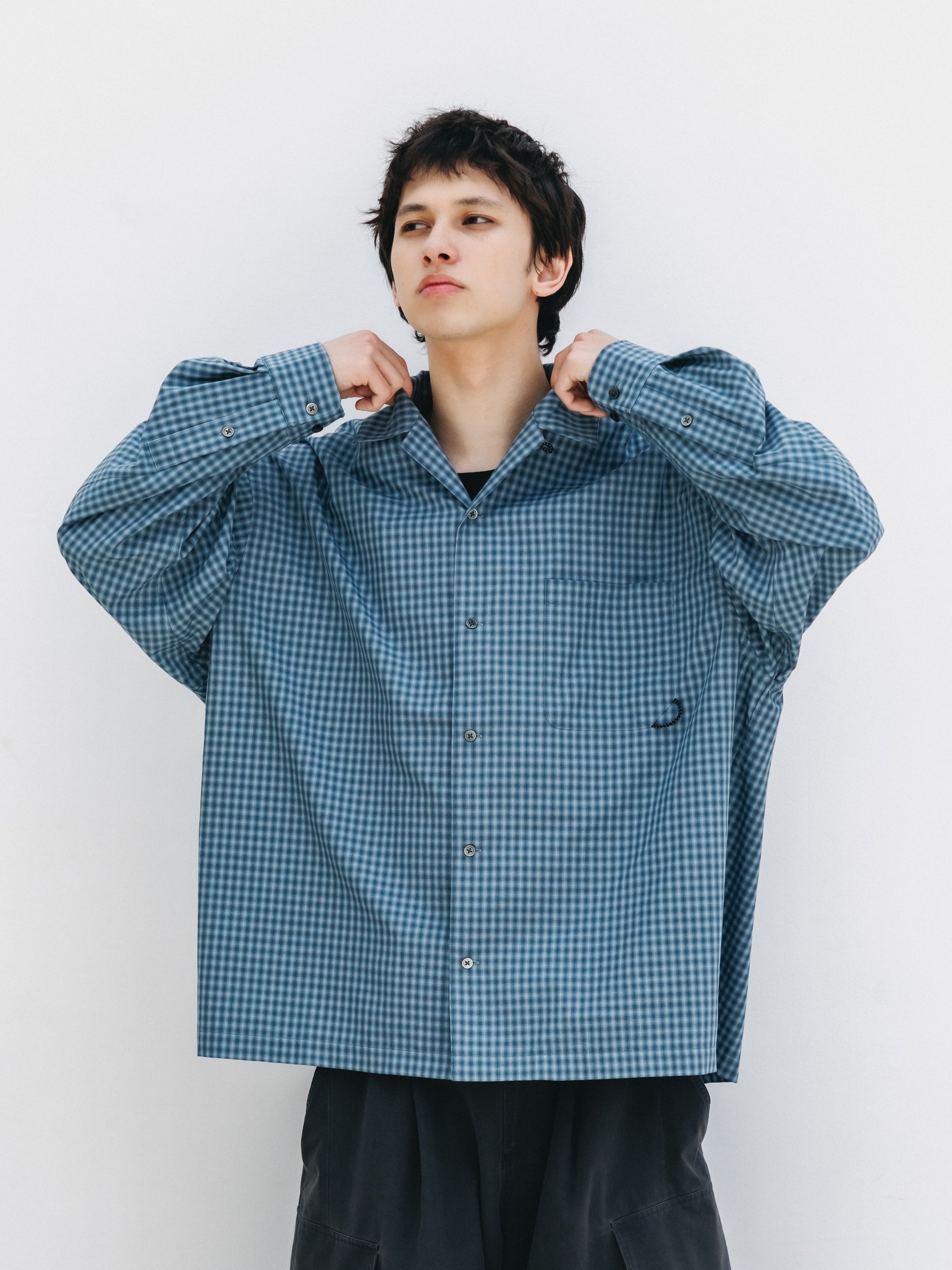 【5.20 WED 20:00- IN STOCK】MINI OMBRE CHECK OPEN COLLAR L/S SHIRT (BLUE)