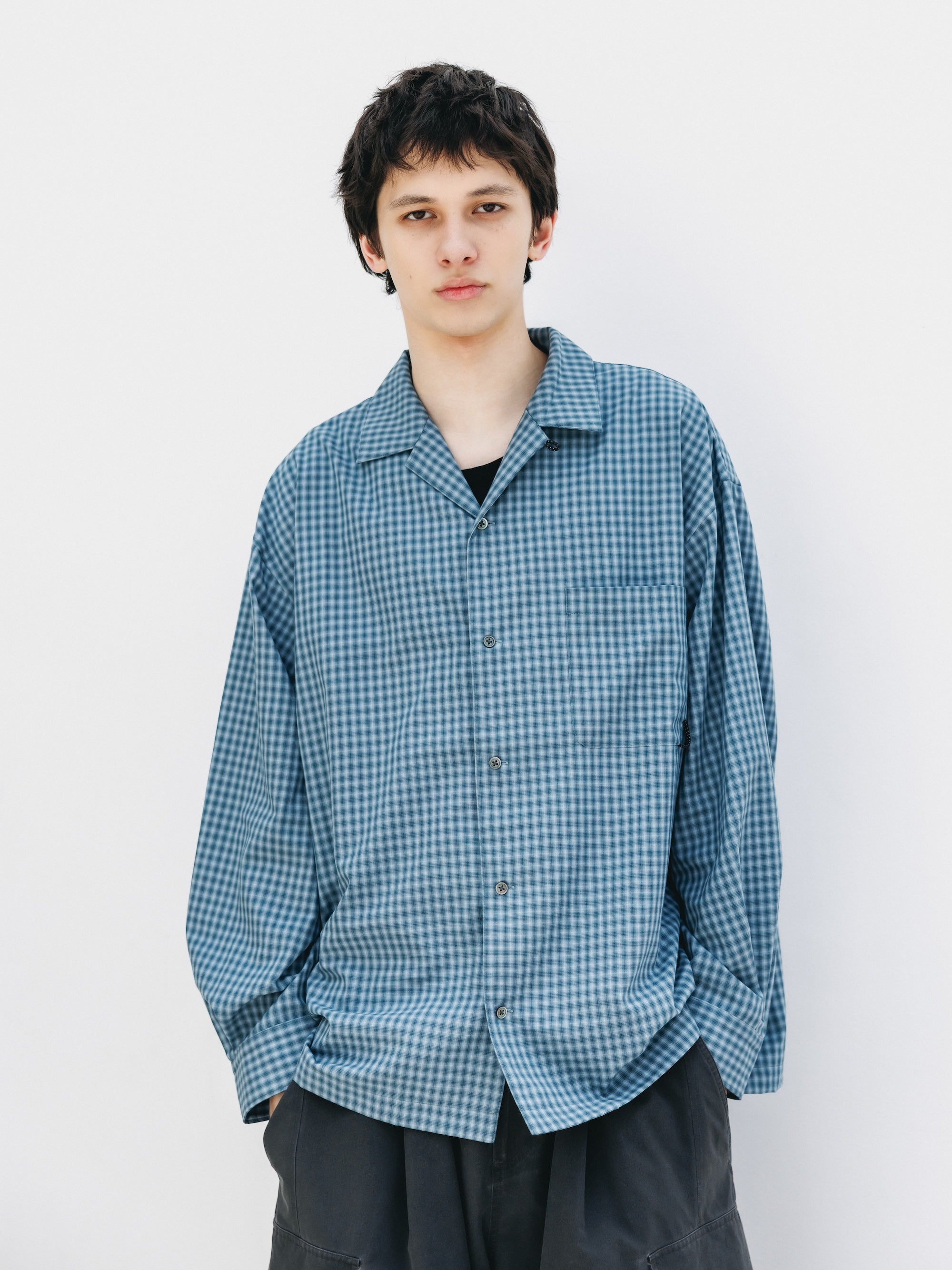 【5.20 WED 20:00- IN STOCK】MINI OMBRE CHECK OPEN COLLAR L/S SHIRT (BLUE)