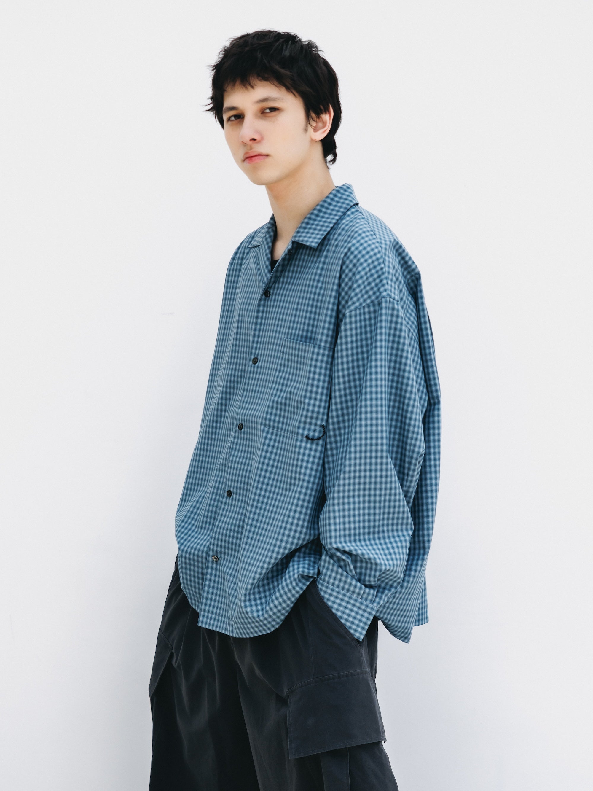 【5.20 WED 20:00- IN STOCK】MINI OMBRE CHECK OPEN COLLAR L/S SHIRT (BLUE)