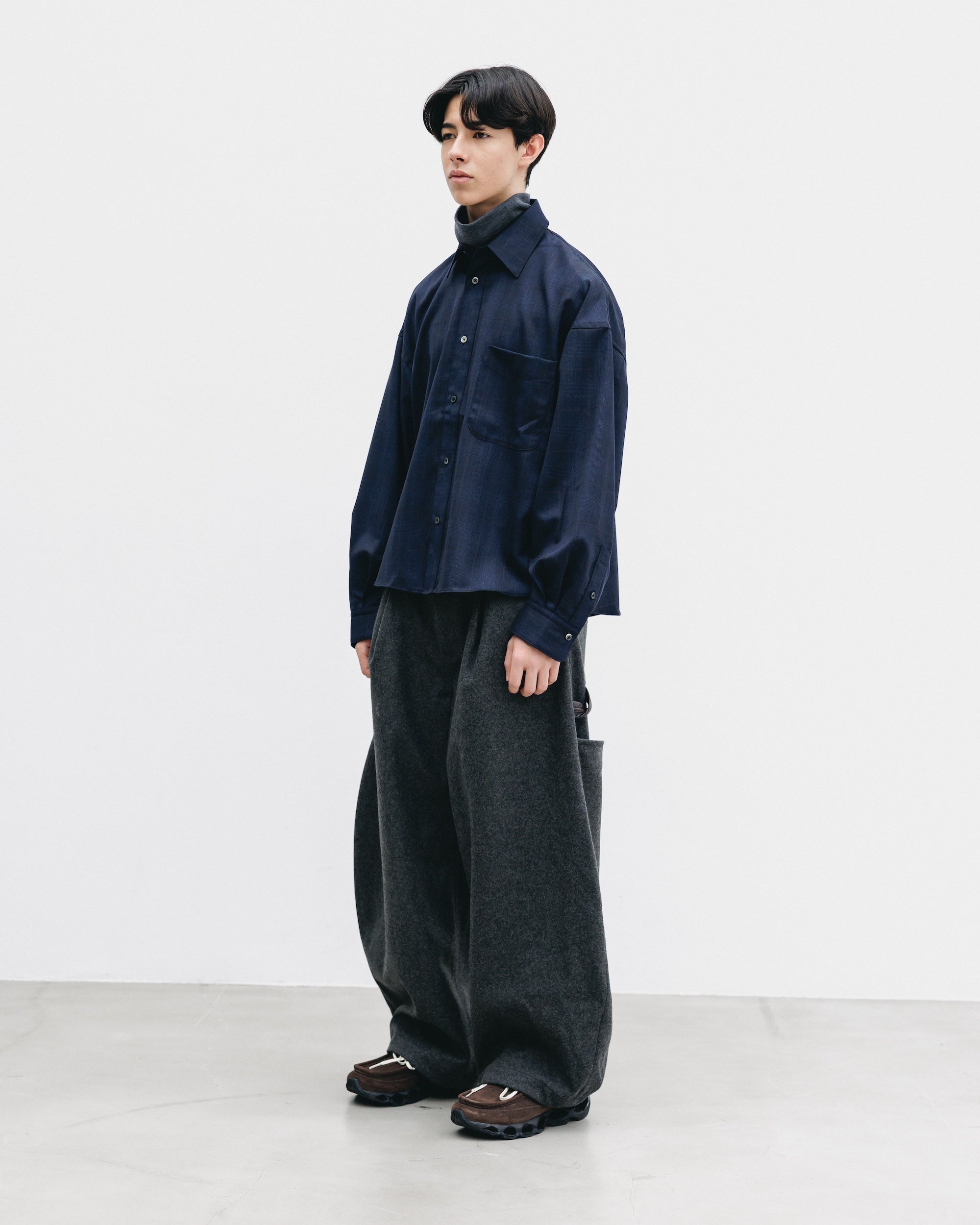 LIGHT WOOL CROPPED LENGTH EVERYDAY L/S SHIRT (GLEN CHECK(NAVY))