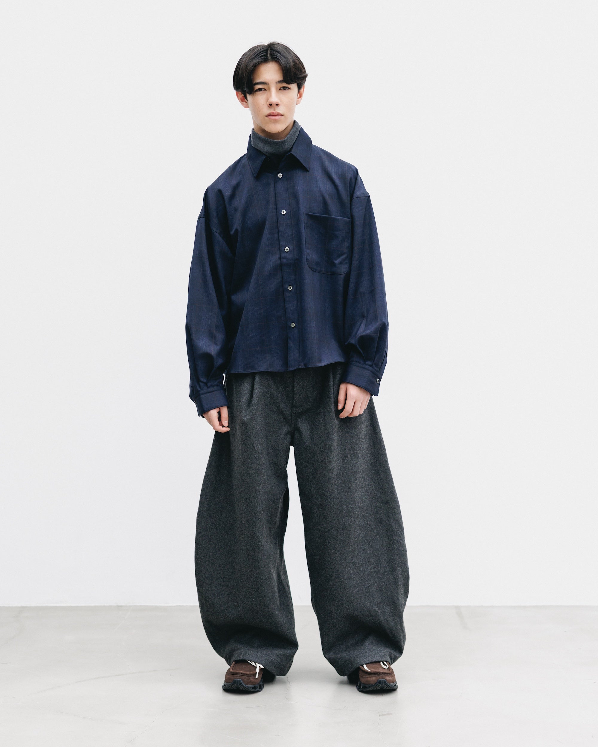 LIGHT WOOL CROPPED LENGTH EVERYDAY L/S SHIRT (GLEN CHECK(NAVY))