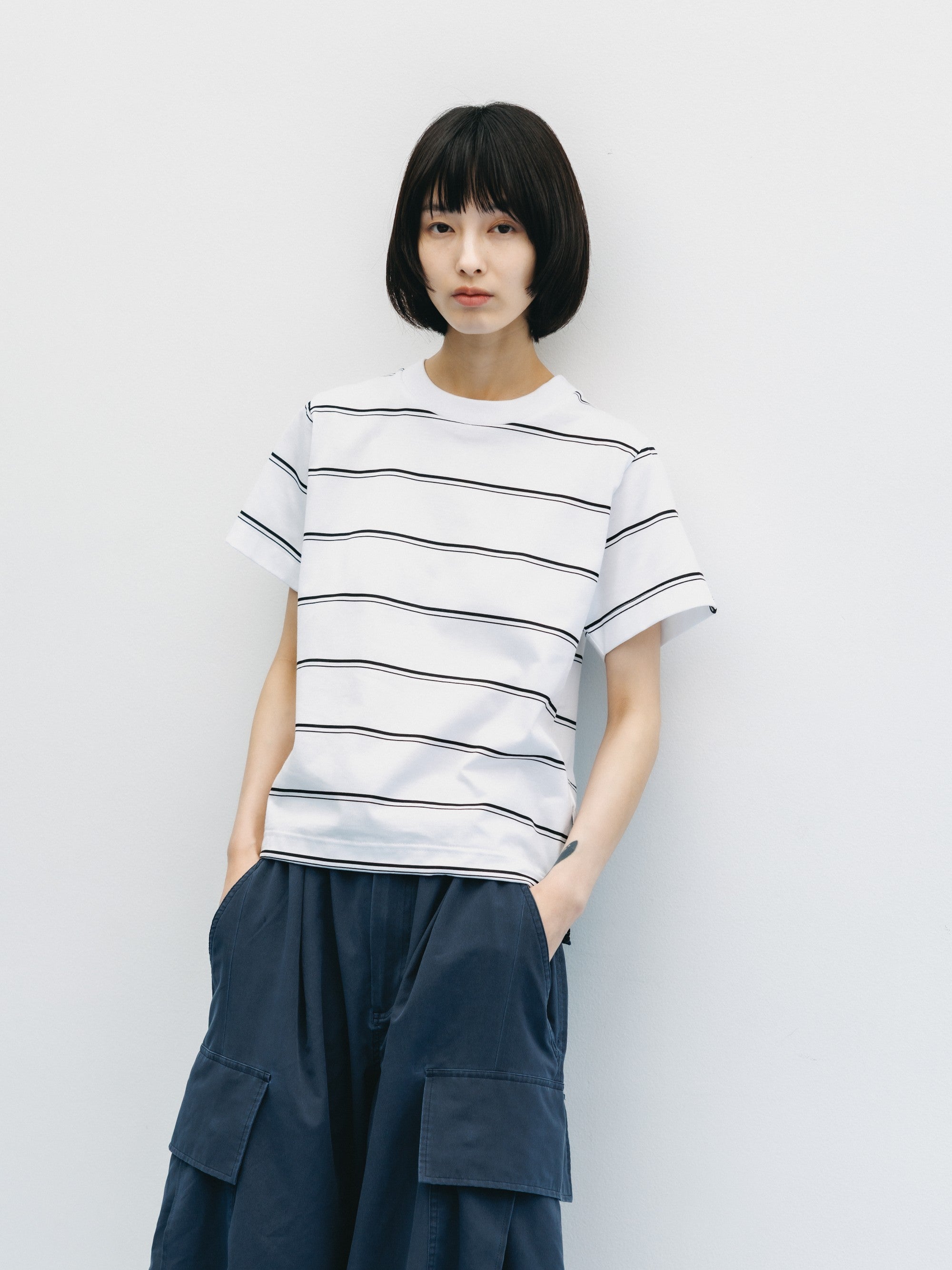 THICK THIN STRIPE S/S T-SHIRT WITH DRAWSTRINGS (WHITE)