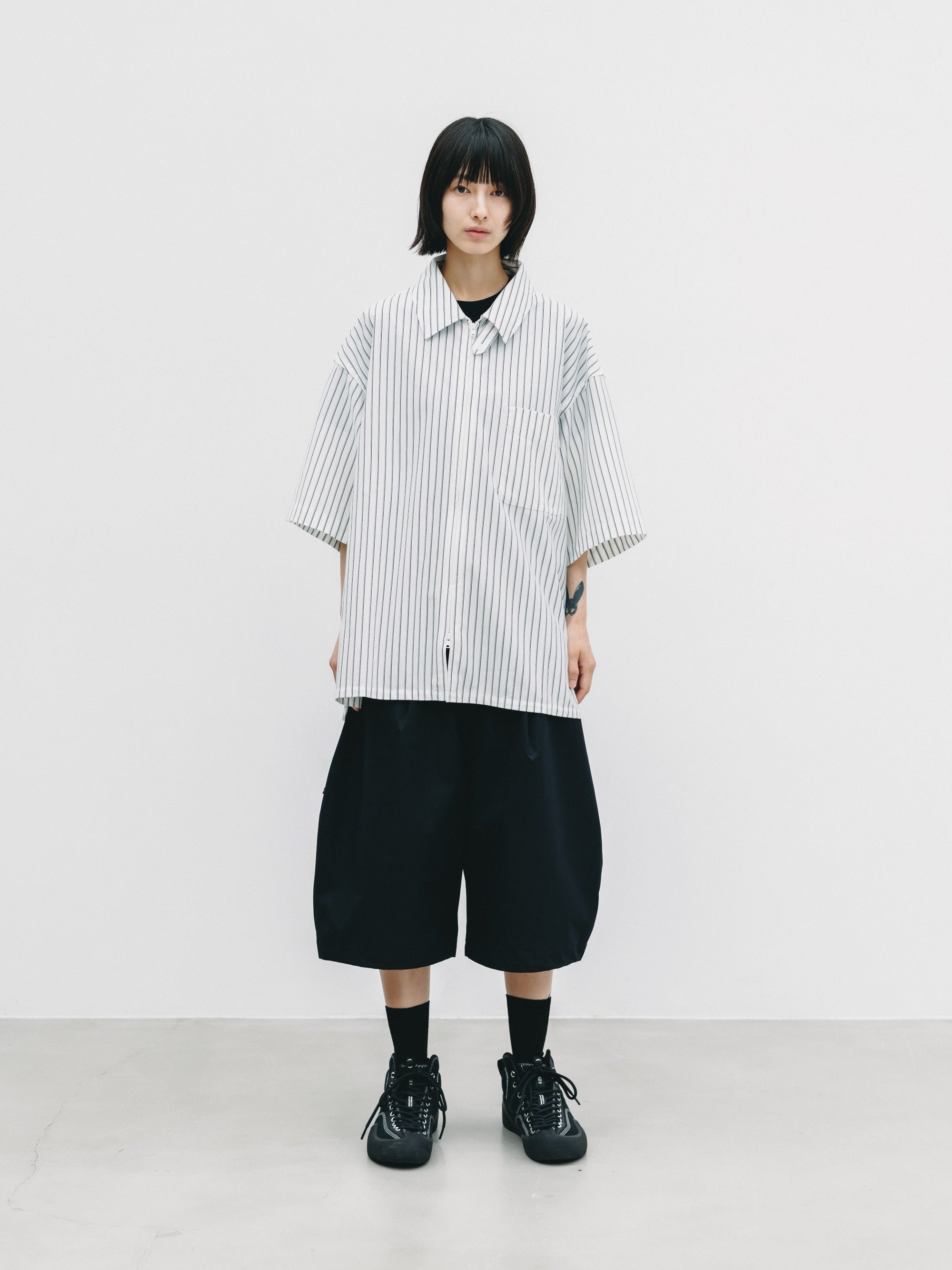 【6.27 SAT 20:00- IN STOCK】THICK/THIN STRIPE 46G KNIT EVERYDAY ZIP UP S/S SHIRT (WHITE STRIPE)
