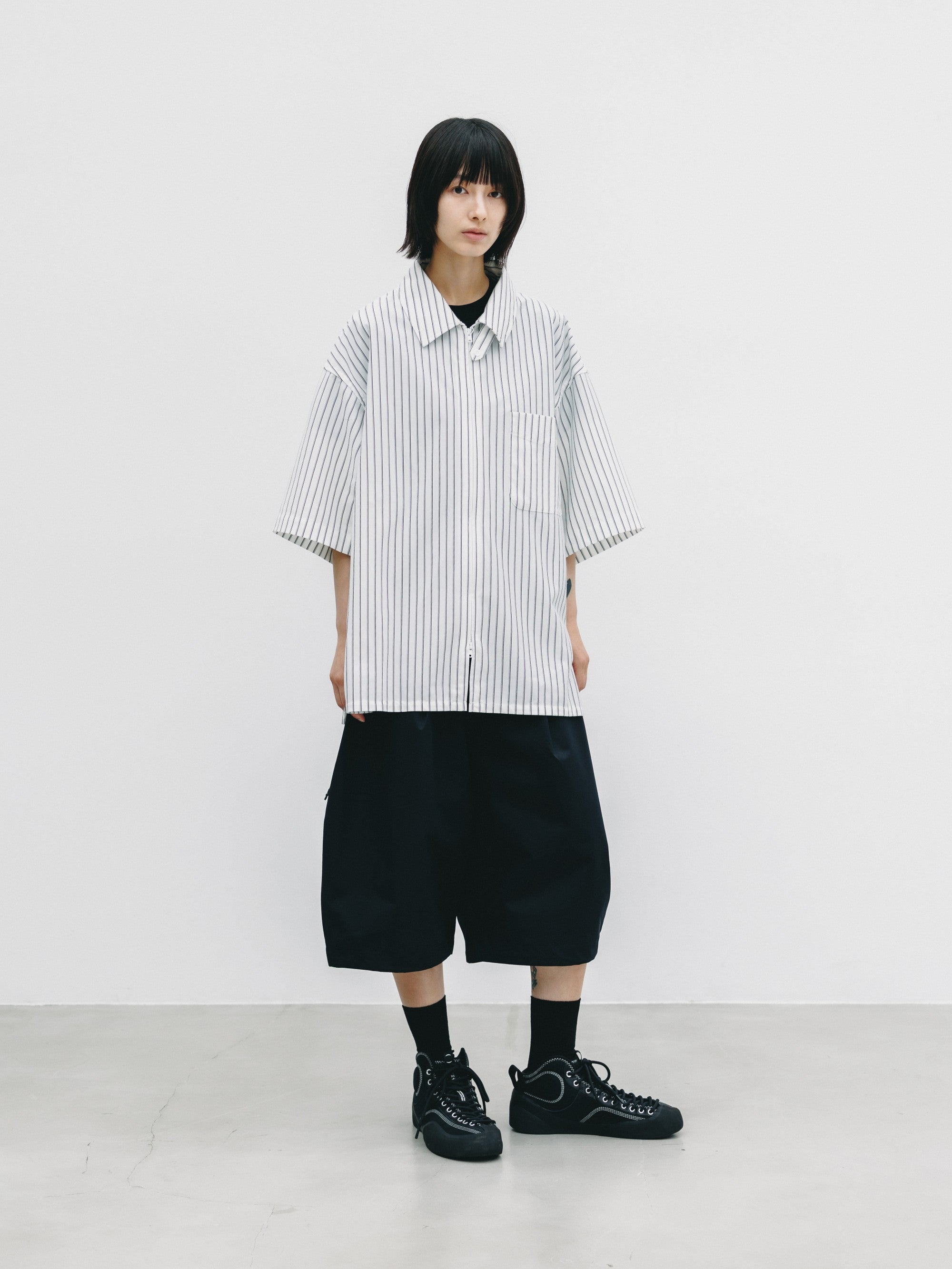 【6.27 SAT 20:00- IN STOCK】THICK/THIN STRIPE 46G KNIT EVERYDAY ZIP UP S/S SHIRT (WHITE STRIPE)