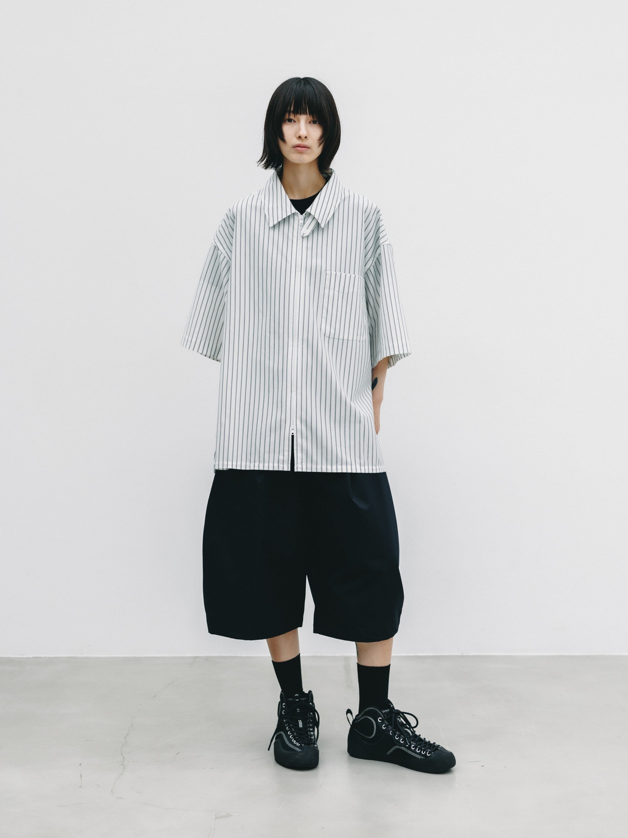 【6.27 SAT 20:00- IN STOCK】THICK/THIN STRIPE 46G KNIT EVERYDAY ZIP UP S/S SHIRT (WHITE STRIPE)