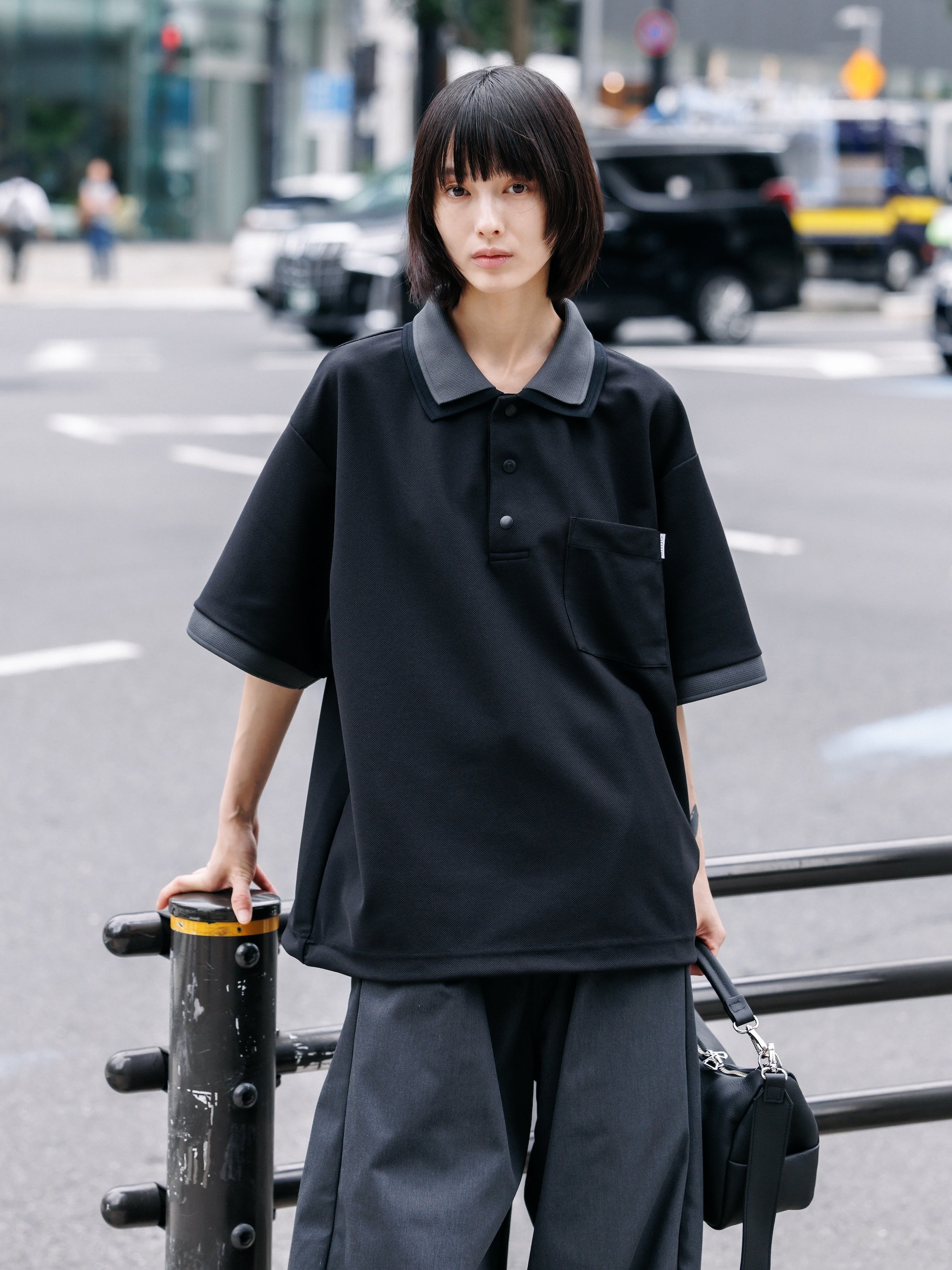 ACTIVE CITY S/S DOUBLE COLLAR POLO SHIRT (BLACK×GRAY)