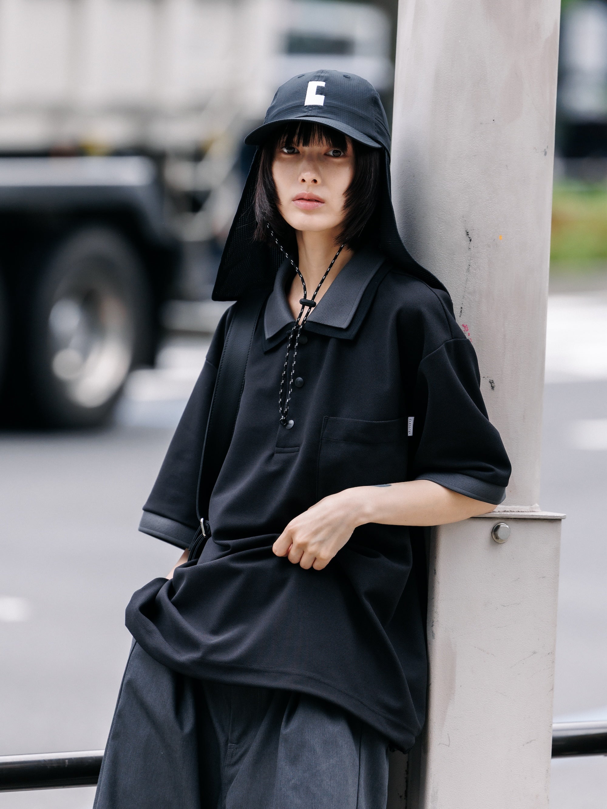 ACTIVE CITY S/S DOUBLE COLLAR POLO SHIRT (BLACK×GRAY)