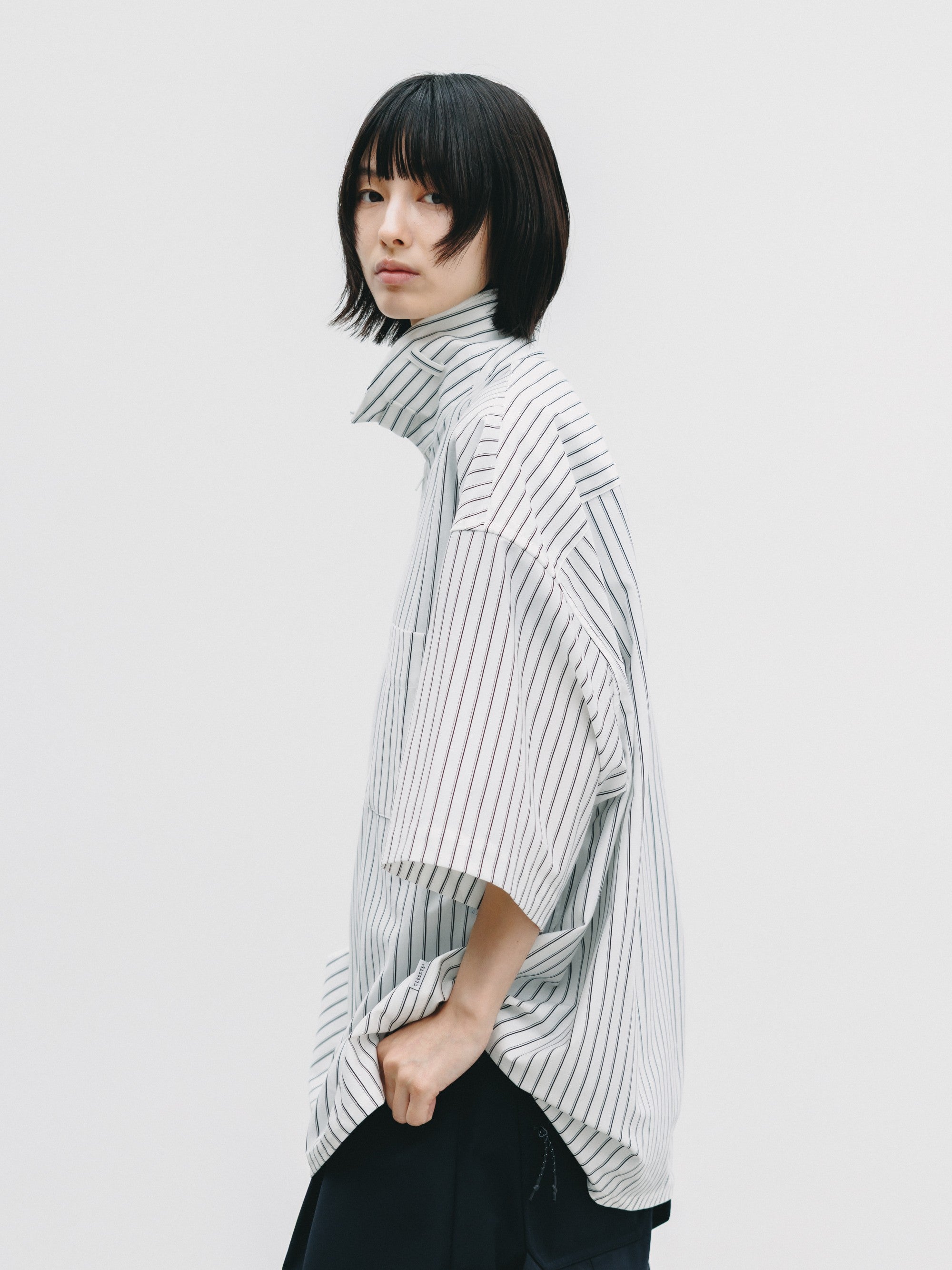 【6.27 SAT 20:00- IN STOCK】THICK/THIN STRIPE 46G KNIT EVERYDAY ZIP UP S/S SHIRT (WHITE STRIPE)