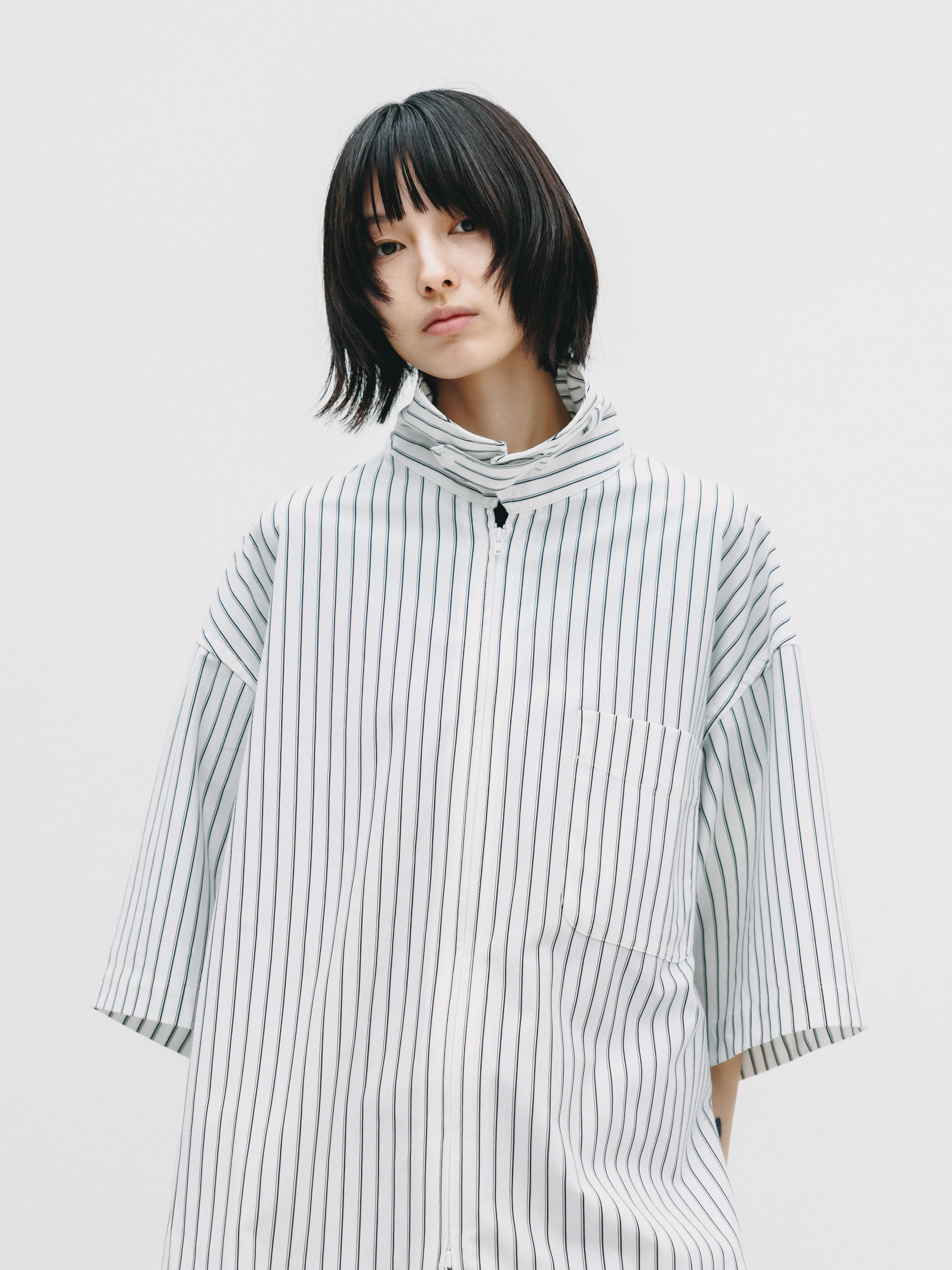 【6.27 SAT 20:00- IN STOCK】THICK/THIN STRIPE 46G KNIT EVERYDAY ZIP UP S/S SHIRT (WHITE STRIPE)