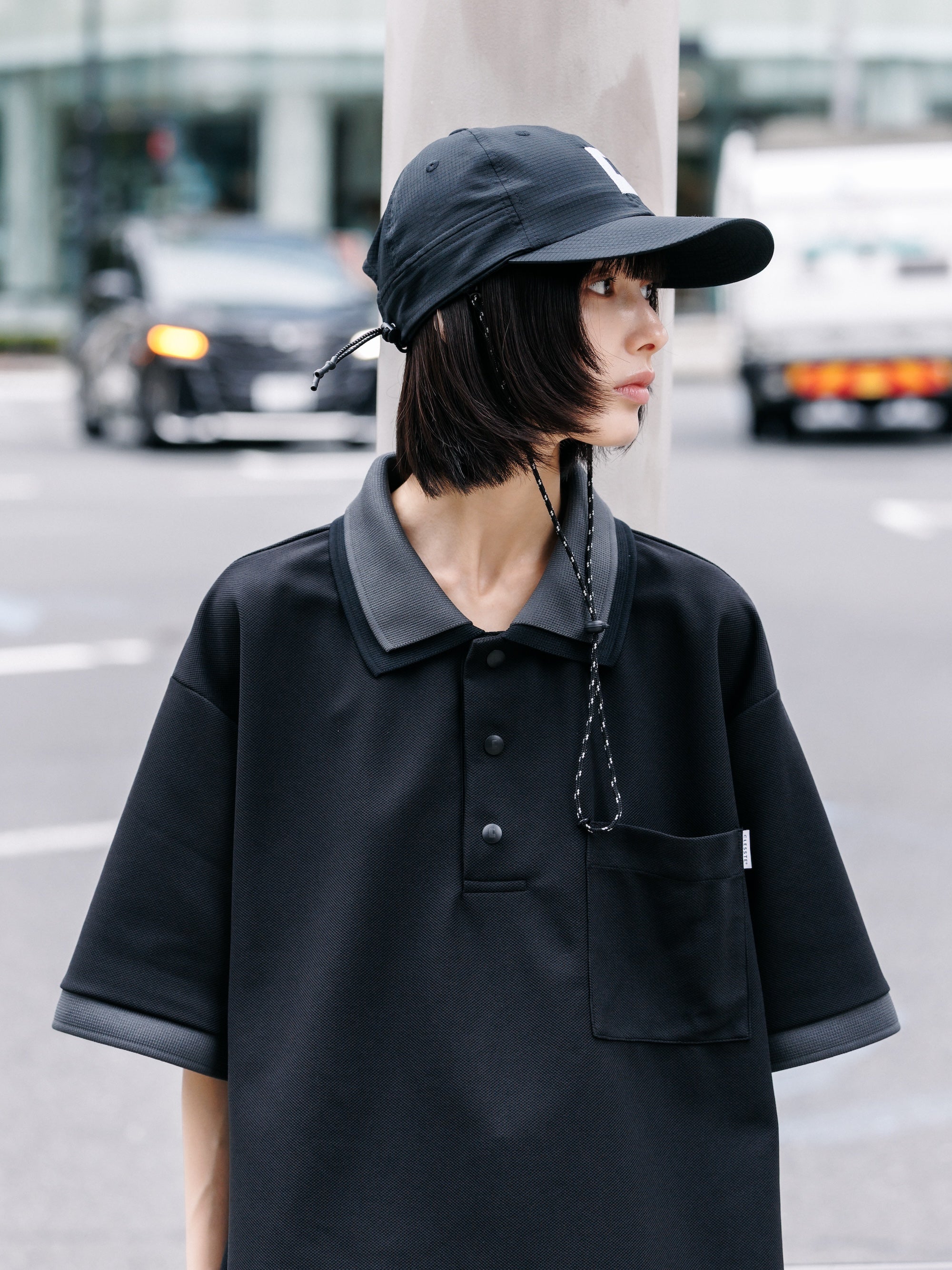 ACTIVE CITY S/S DOUBLE COLLAR POLO SHIRT (BLACK×GRAY)