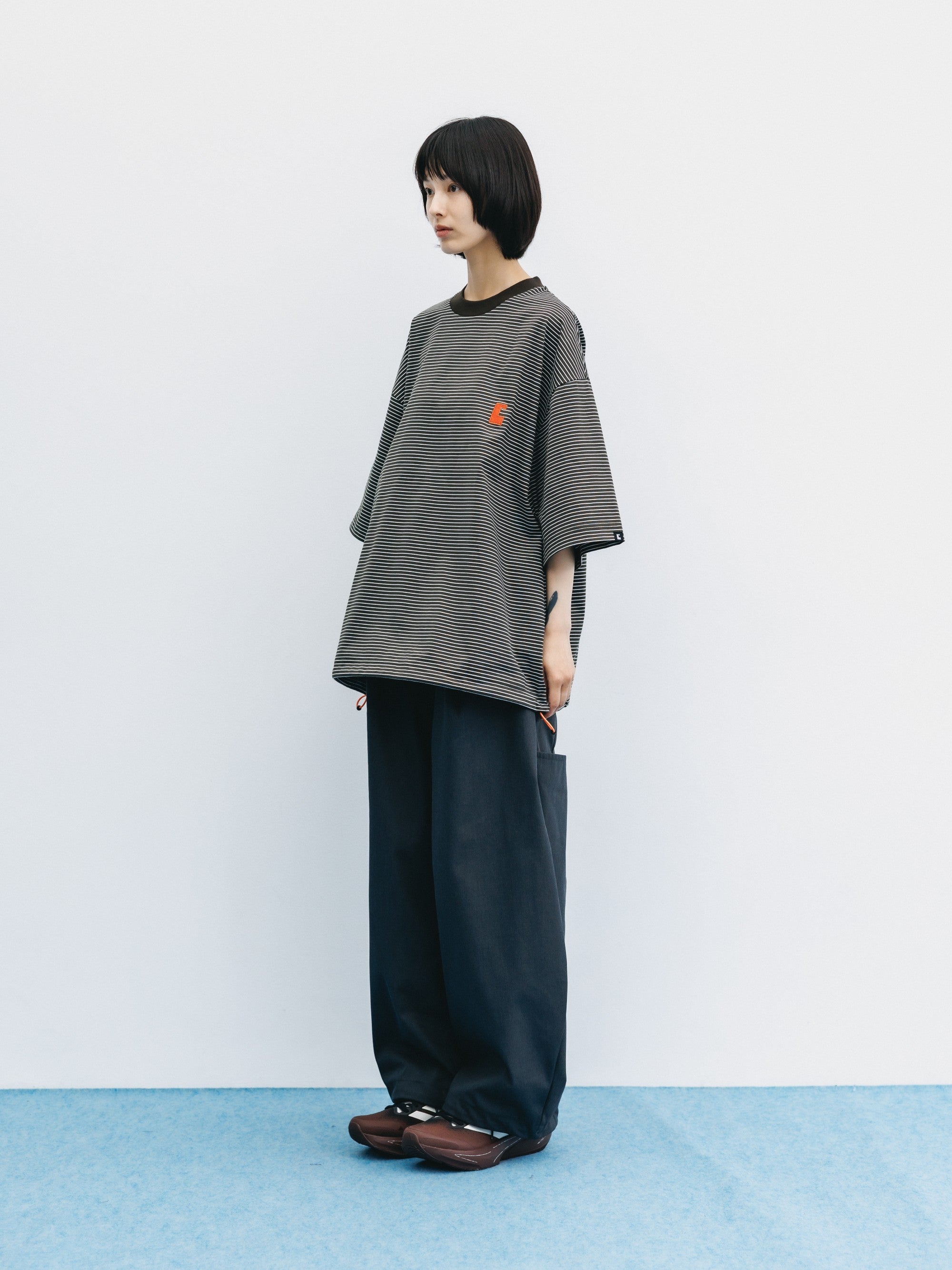 【6.13 SAT 20:00- IN STOCK】"C×CONCEPT" STRIPED S/S T-SHIRT WITH DRAWSTRINGS (BROWN×WHITE)
