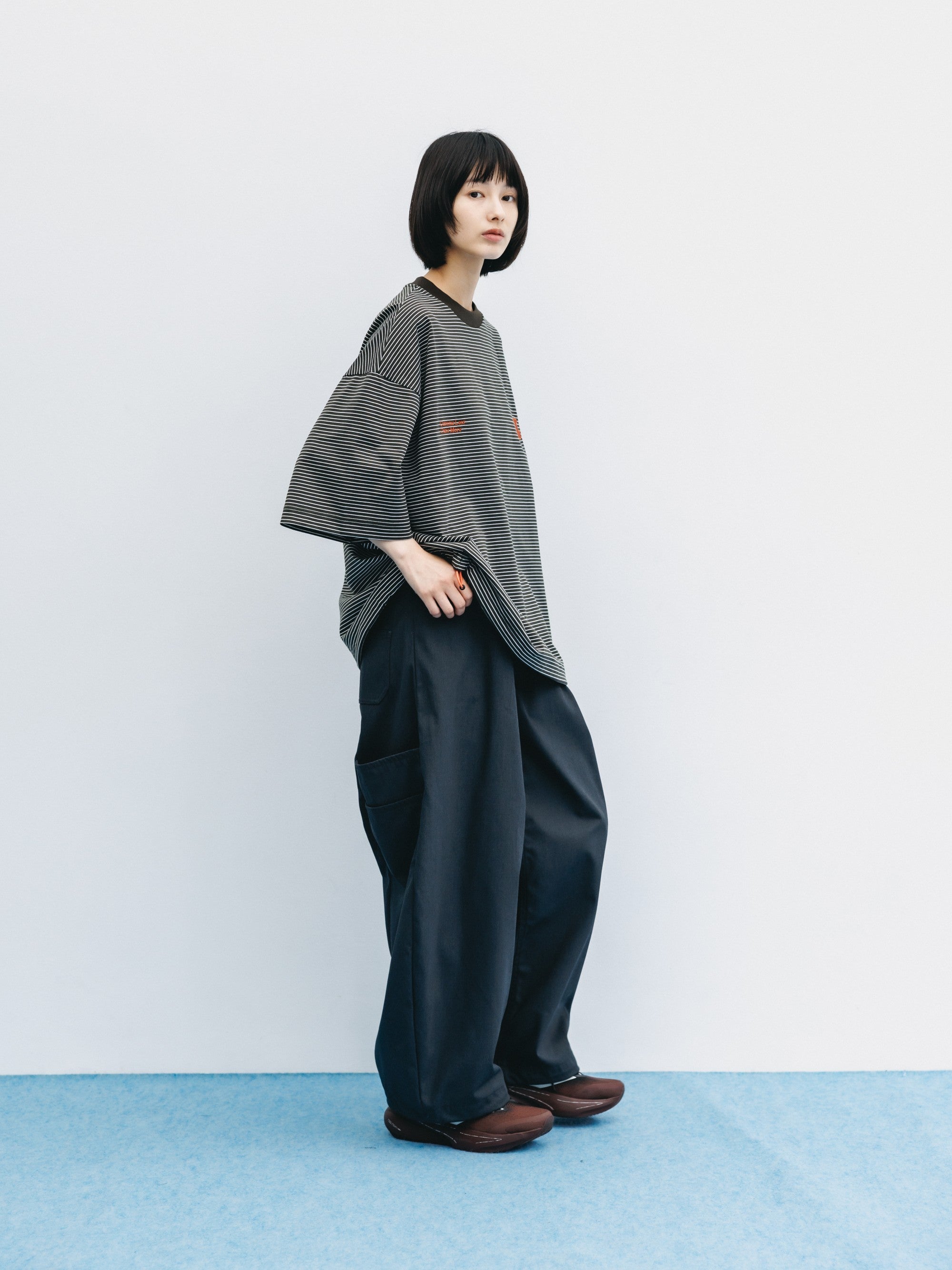 【6.13 SAT 20:00- IN STOCK】"C×CONCEPT" STRIPED S/S T-SHIRT WITH DRAWSTRINGS (BROWN×WHITE)