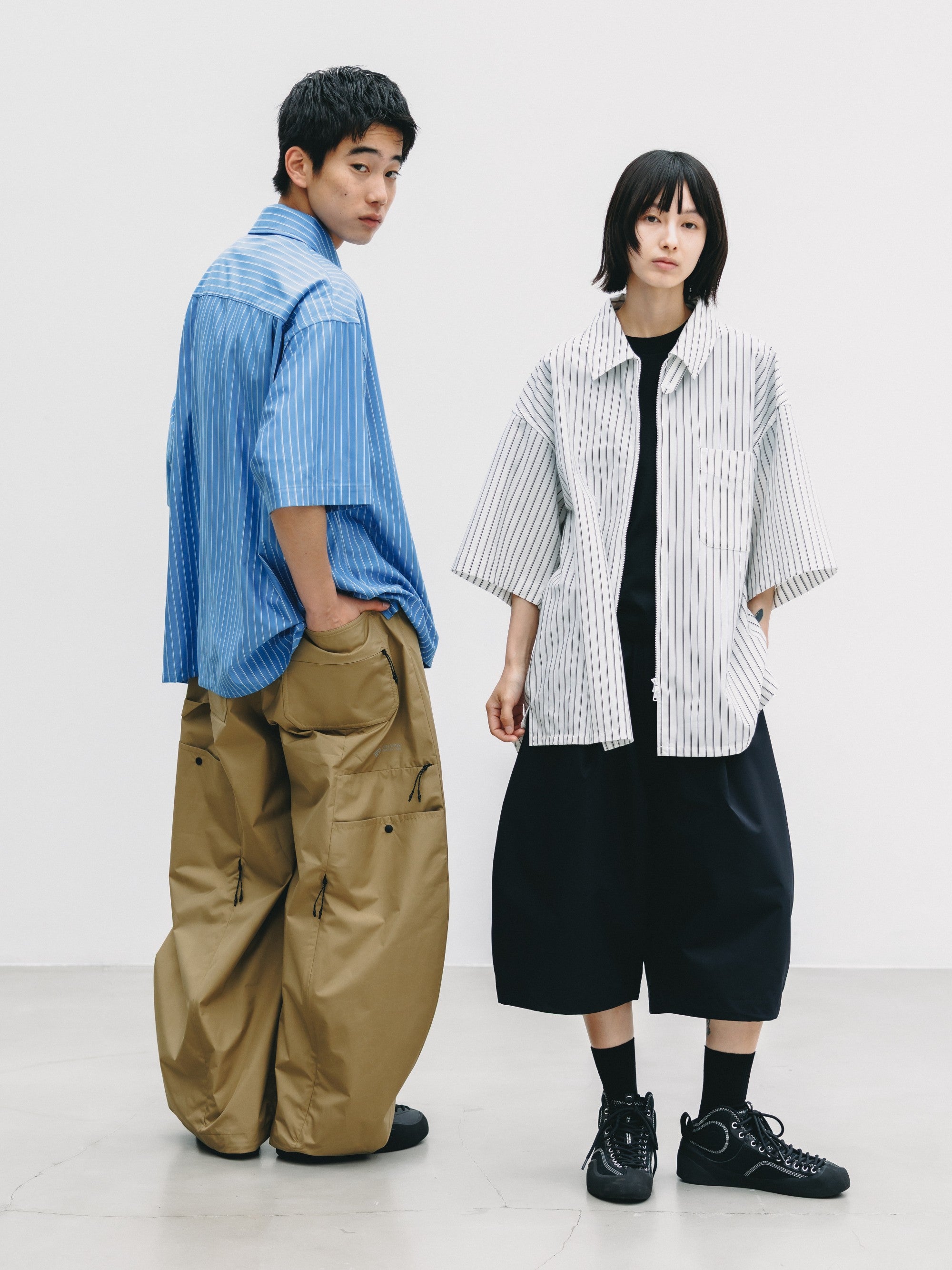 【6.27 SAT 20:00- IN STOCK】THICK/THIN STRIPE 46G KNIT EVERYDAY ZIP UP S/S SHIRT (WHITE STRIPE)