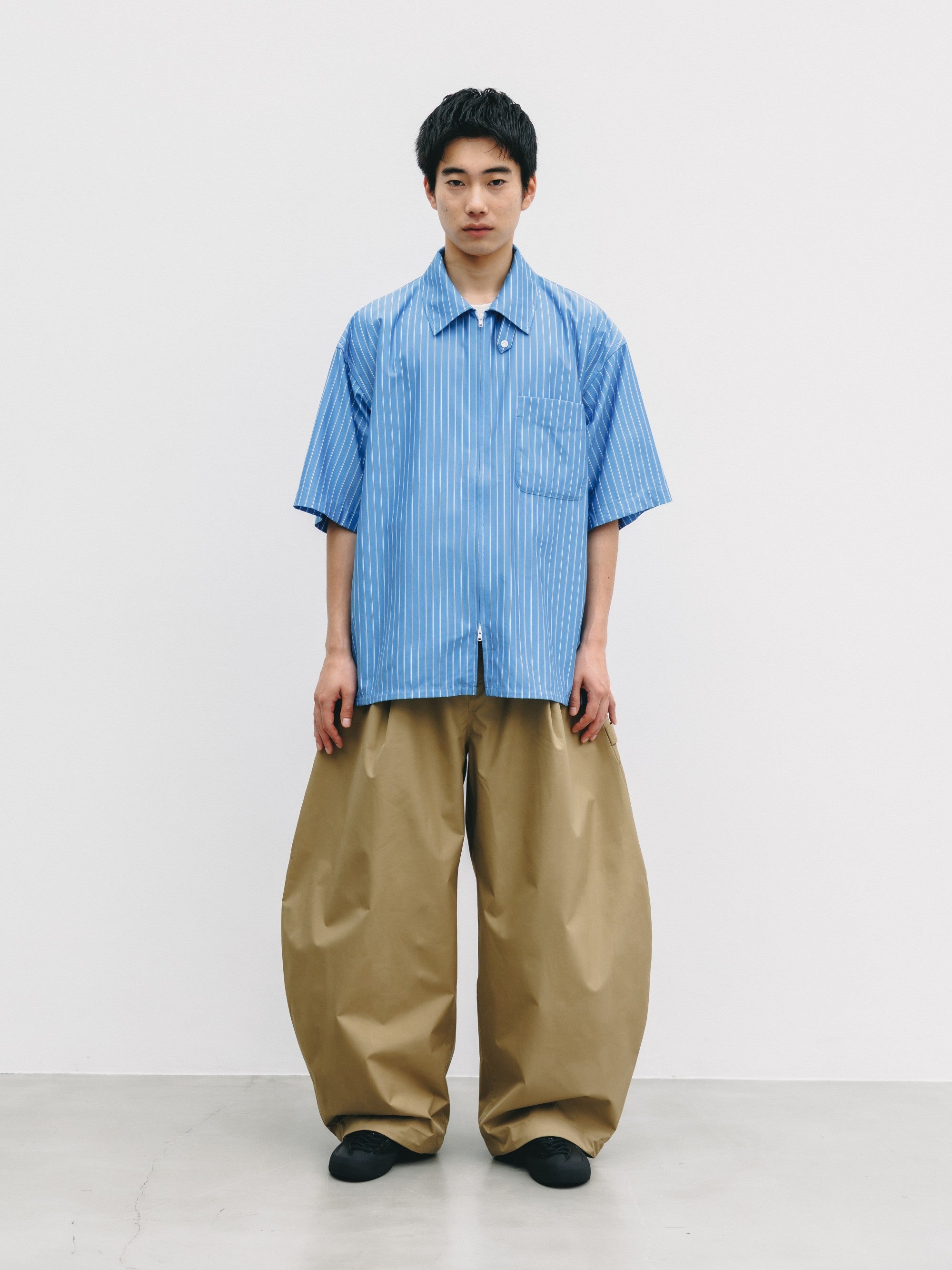 【6.27 SAT 20:00- IN STOCK】THICK/THIN STRIPE 46G KNIT EVERYDAY ZIP UP S/S SHIRT (SAX BLUE STRIPE)