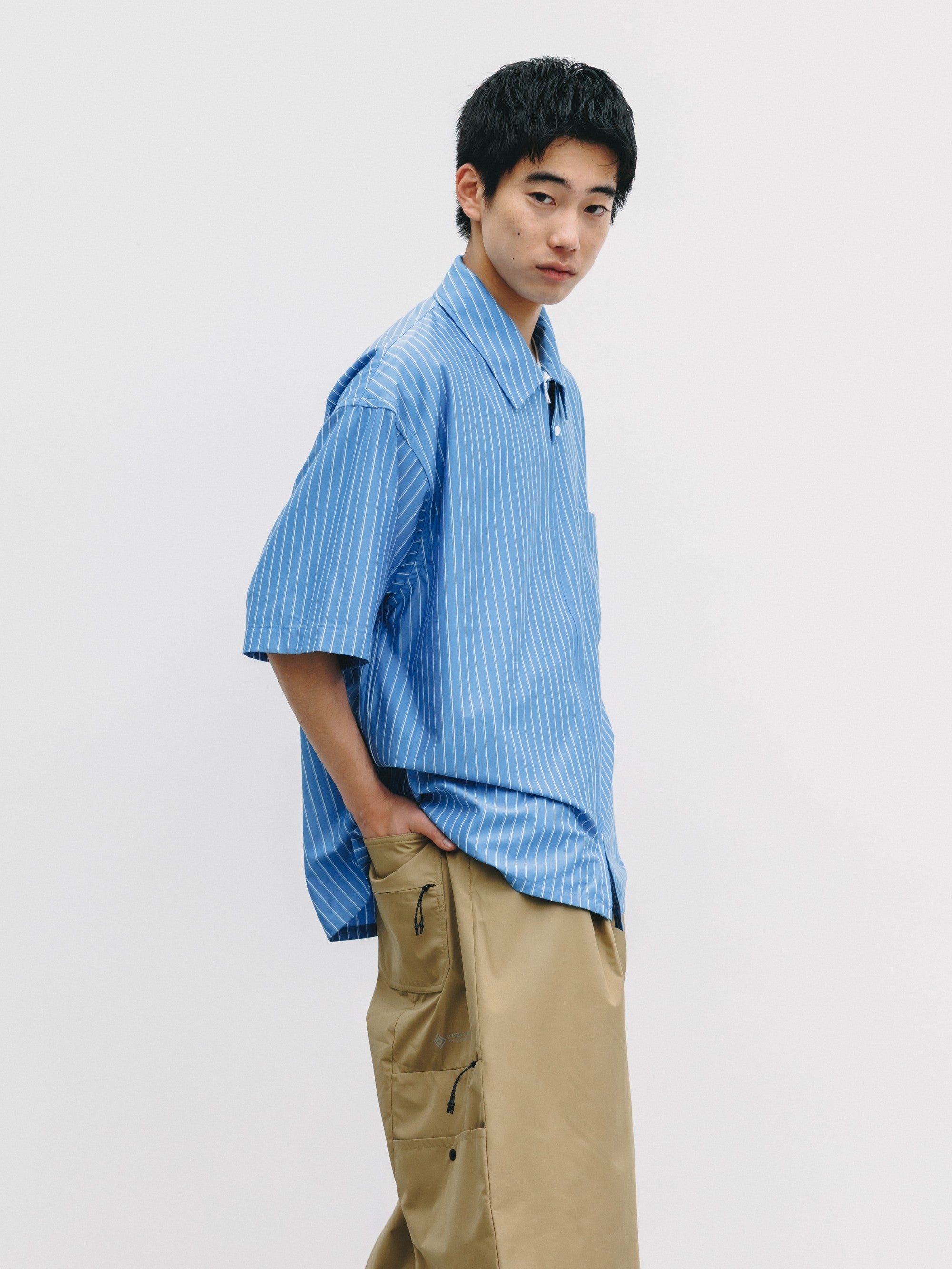 【6.27 SAT 20:00- IN STOCK】THICK/THIN STRIPE 46G KNIT EVERYDAY ZIP UP S/S SHIRT (SAX BLUE STRIPE)