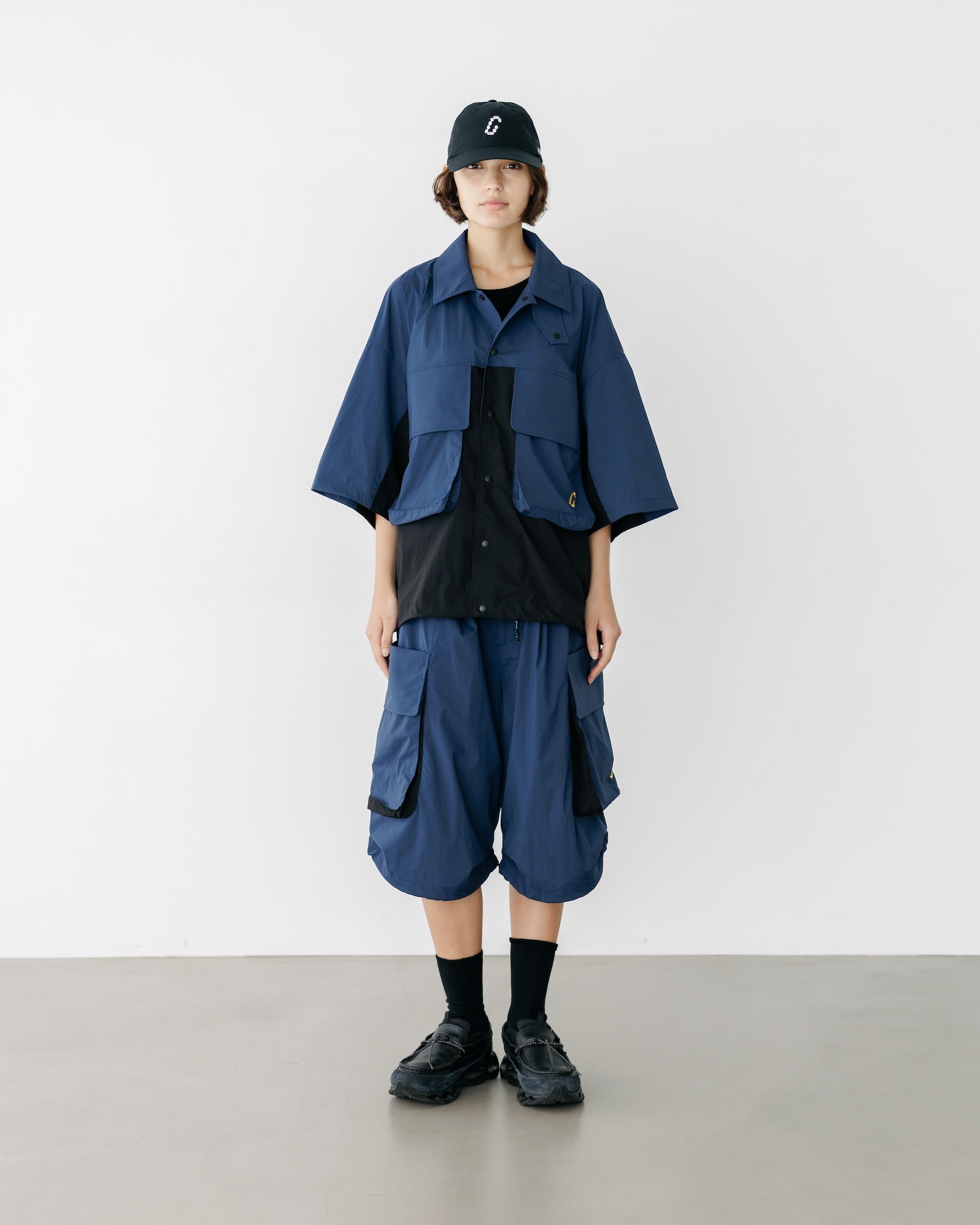 CRISPY NYLON CITY UNIFORM MILITARY HALF PANTS (NAVY×BLACK)