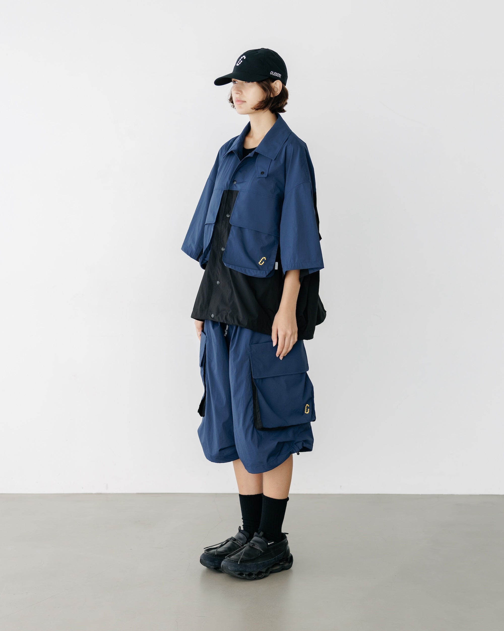 CRISPY NYLON CITY UNIFORM MILITARY HALF PANTS (NAVY×BLACK)