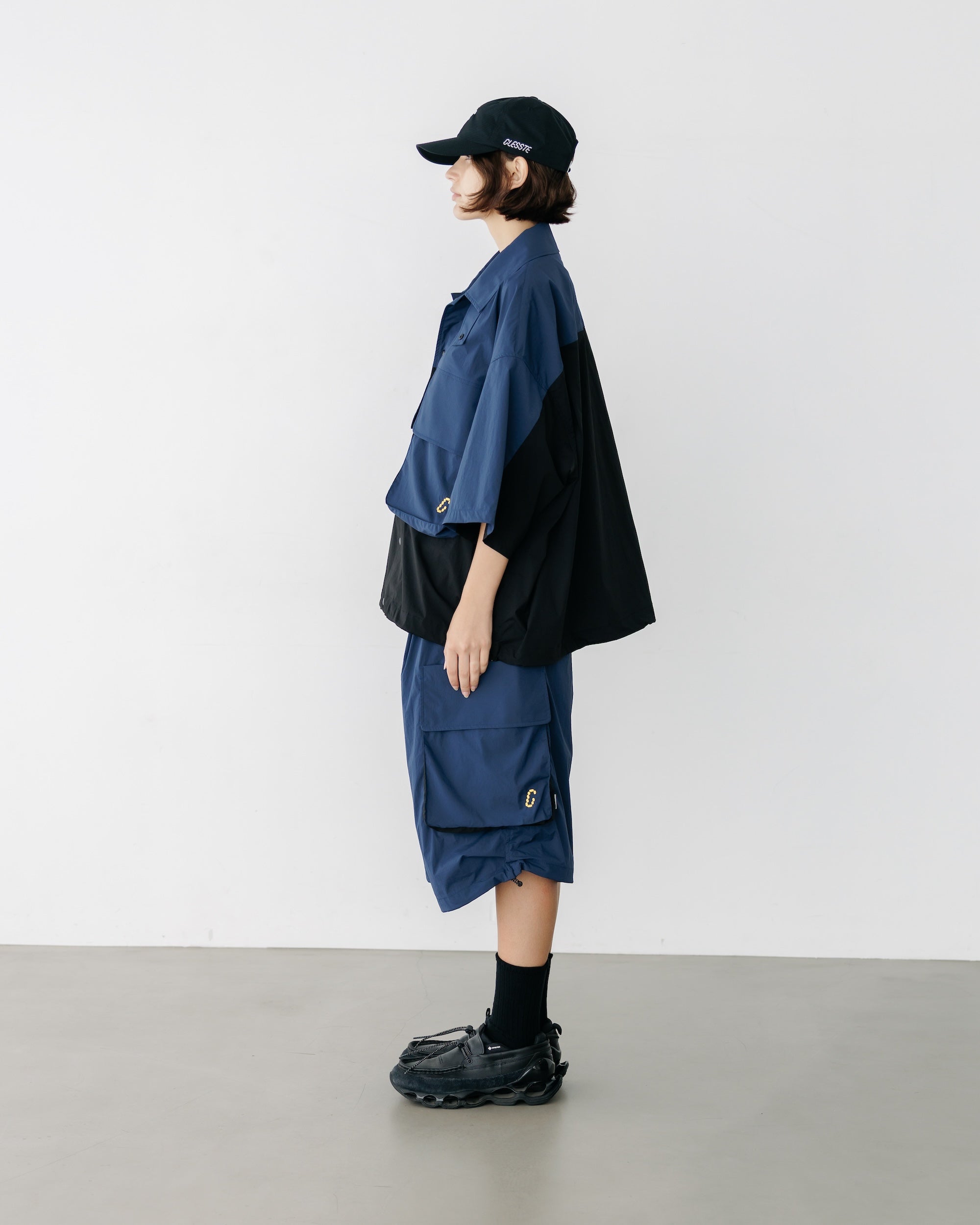 CRISPY NYLON CITY UNIFORM MILITARY HALF PANTS (NAVY×BLACK)