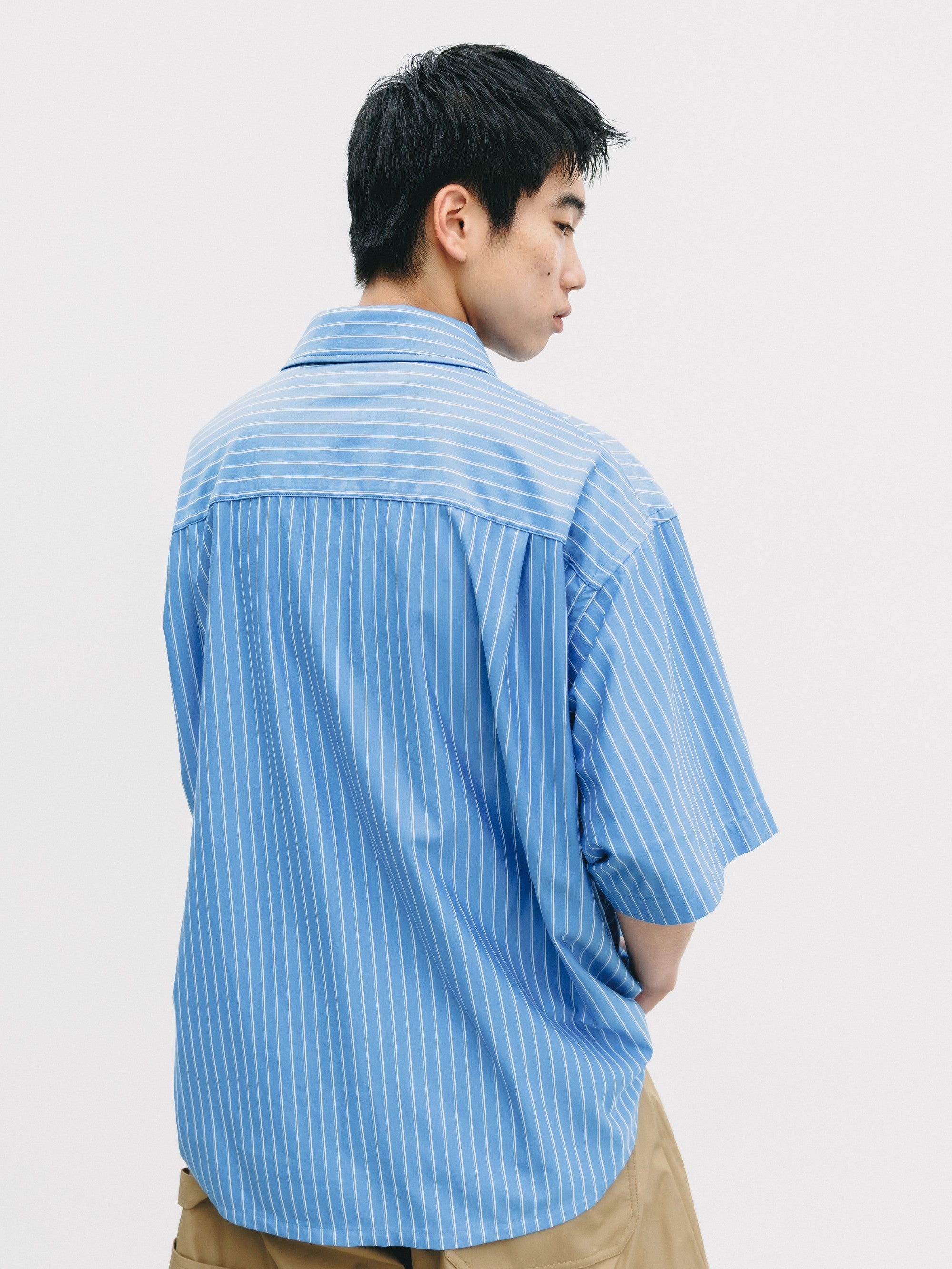 【6.27 SAT 20:00- IN STOCK】THICK/THIN STRIPE 46G KNIT EVERYDAY ZIP UP S/S SHIRT (SAX BLUE STRIPE)