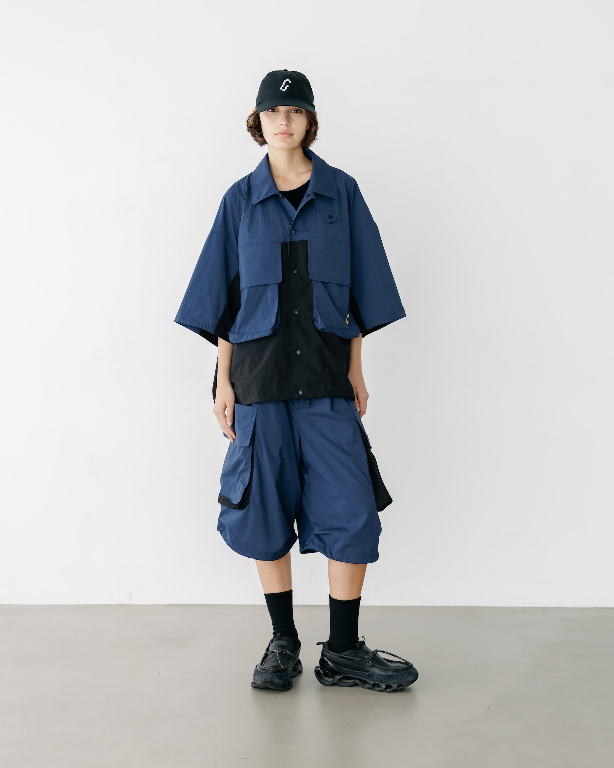 CRISPY NYLON CITY UNIFORM MILITARY HALF PANTS (NAVY×BLACK)