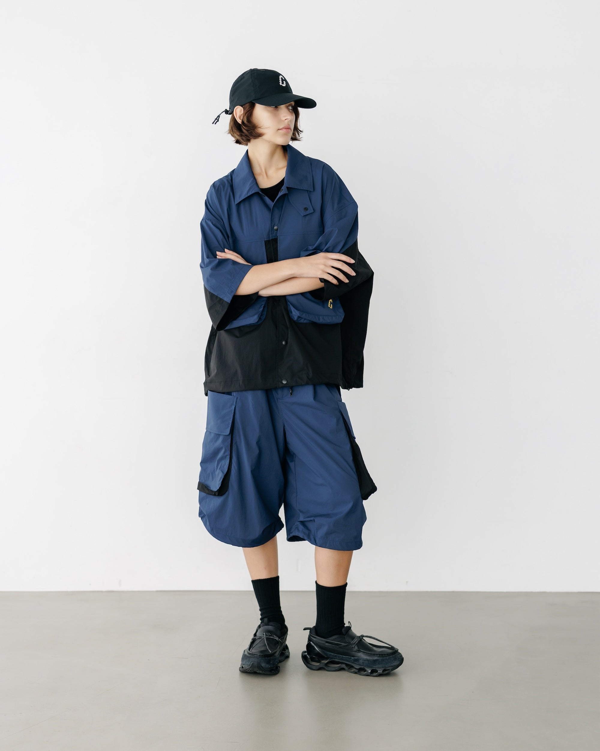 CRISPY NYLON CITY UNIFORM MILITARY HALF PANTS (NAVY×BLACK)