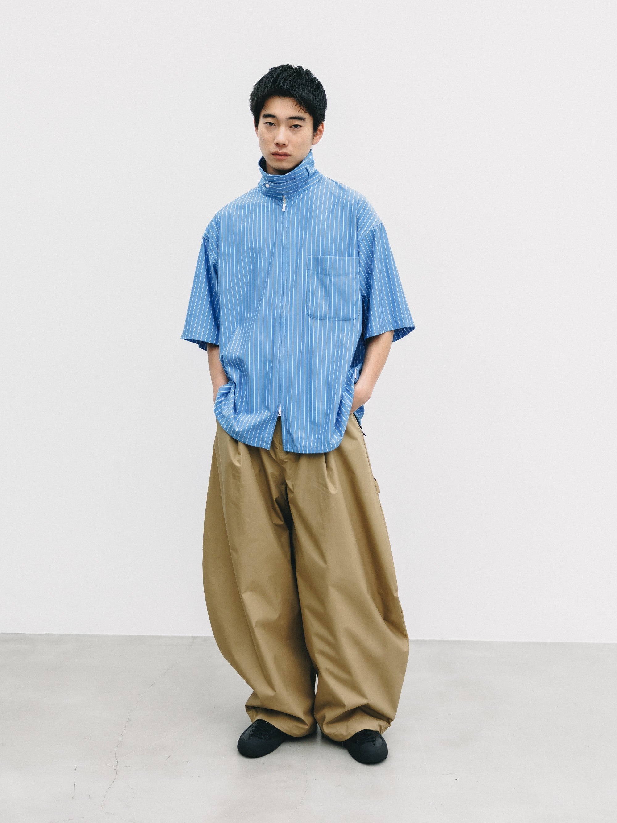 【6.27 SAT 20:00- IN STOCK】THICK/THIN STRIPE 46G KNIT EVERYDAY ZIP UP S/S SHIRT (SAX BLUE STRIPE)