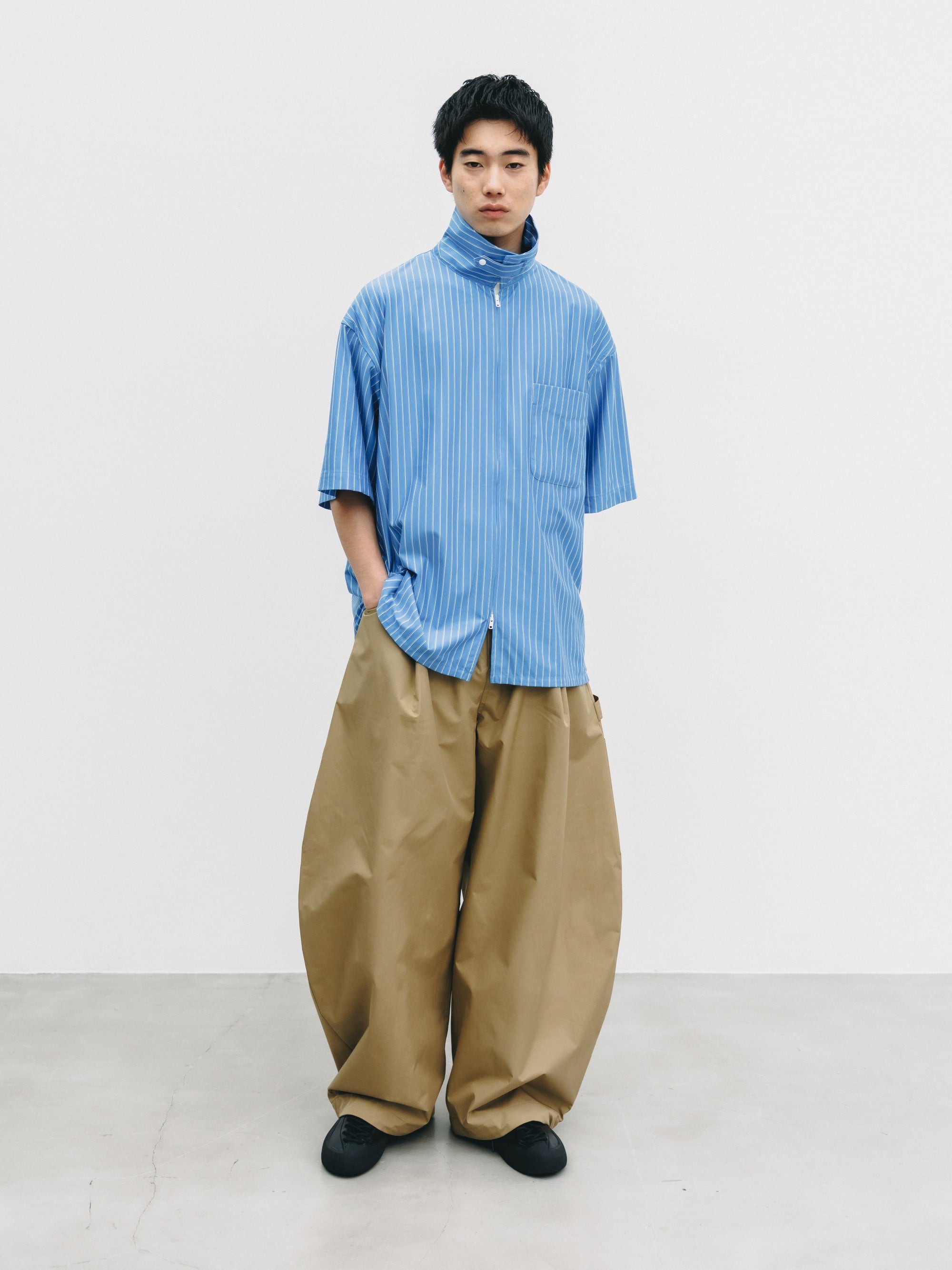【6.27 SAT 20:00- IN STOCK】THICK/THIN STRIPE 46G KNIT EVERYDAY ZIP UP S/S SHIRT (SAX BLUE STRIPE)