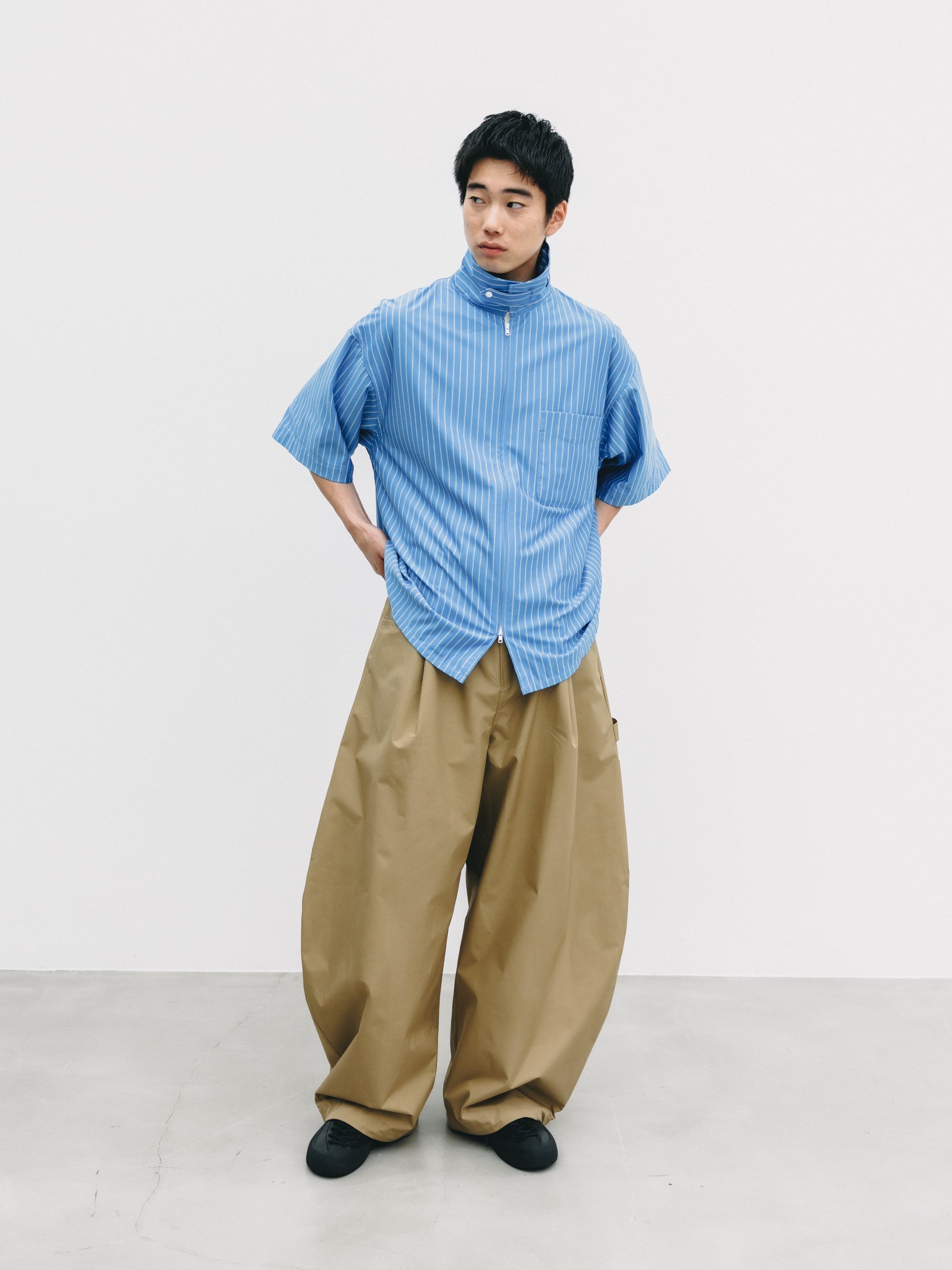 【6.27 SAT 20:00- IN STOCK】THICK/THIN STRIPE 46G KNIT EVERYDAY ZIP UP S/S SHIRT (SAX BLUE STRIPE)