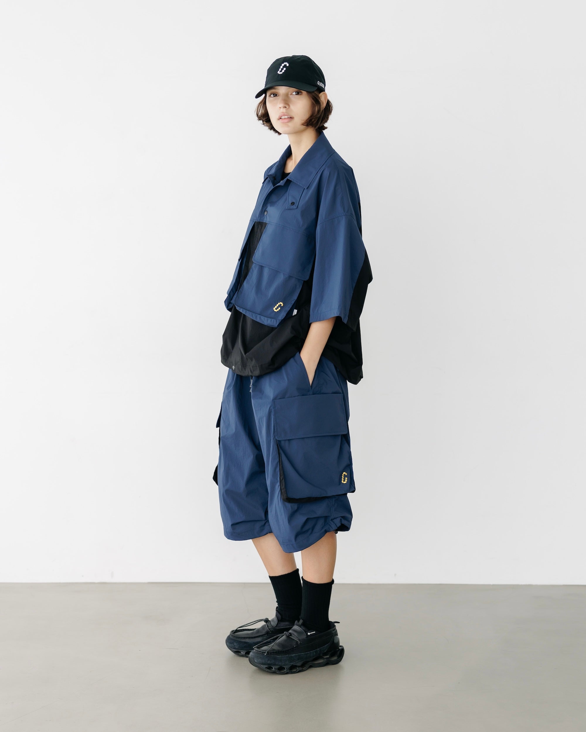 CRISPY NYLON CITY UNIFORM MILITARY HALF PANTS (NAVY×BLACK)